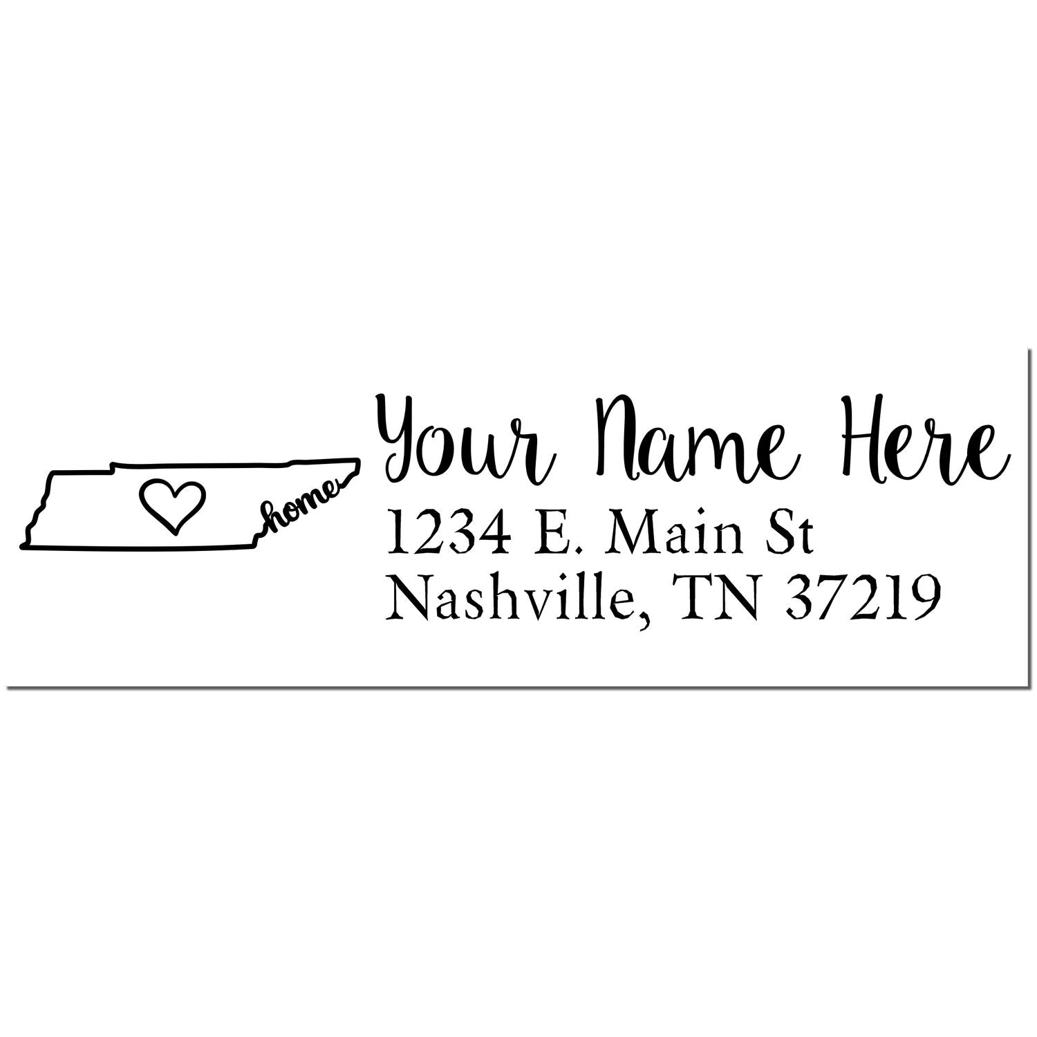 Tennessee Self-Inking State Love Address Stamp featuring a heart inside the state outline, customizable with name and address. Perfect for personalizing mail with a touch of Tennessee charm.