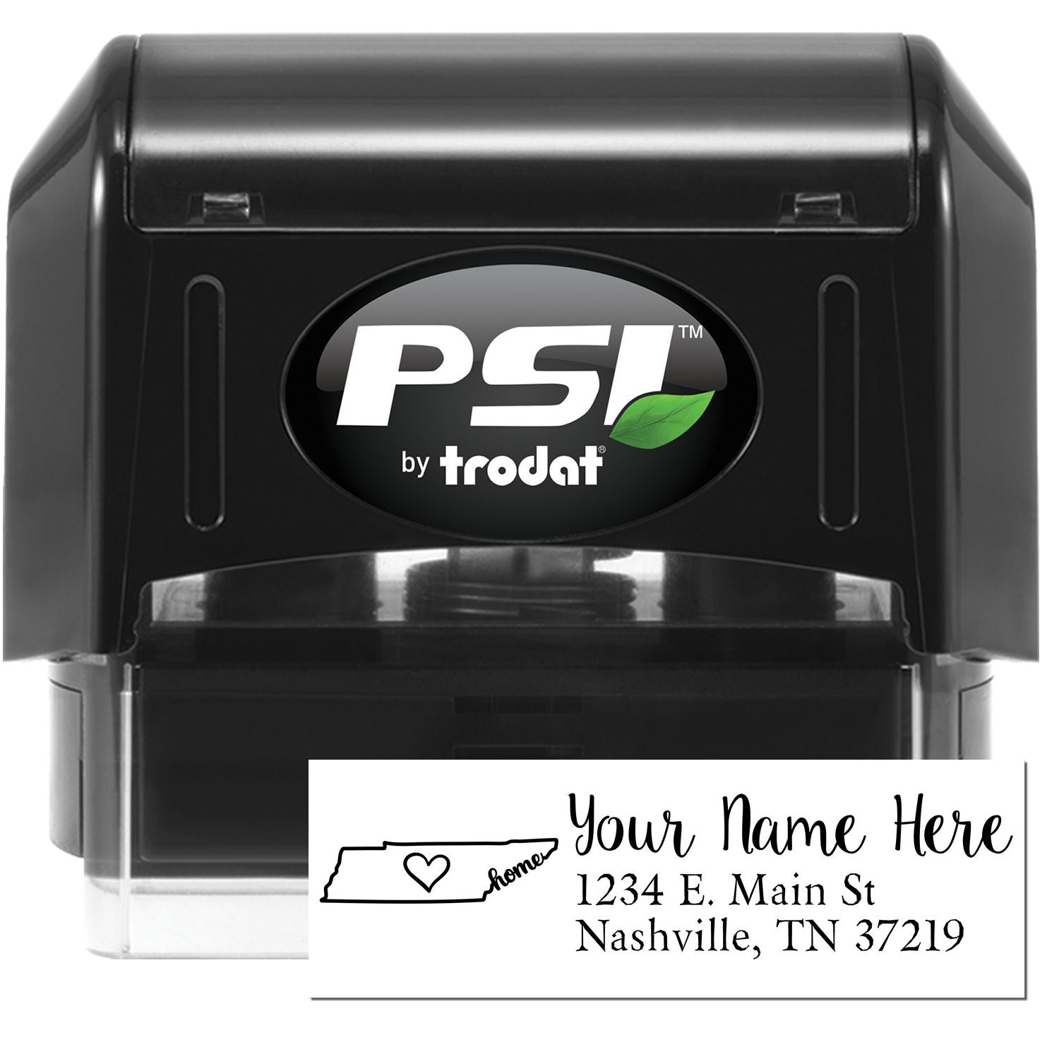 PSI Pre-Inked Personalized Tennessee State Love Address Stamp featuring a black casing with a sample address and a heart design on the state outline.