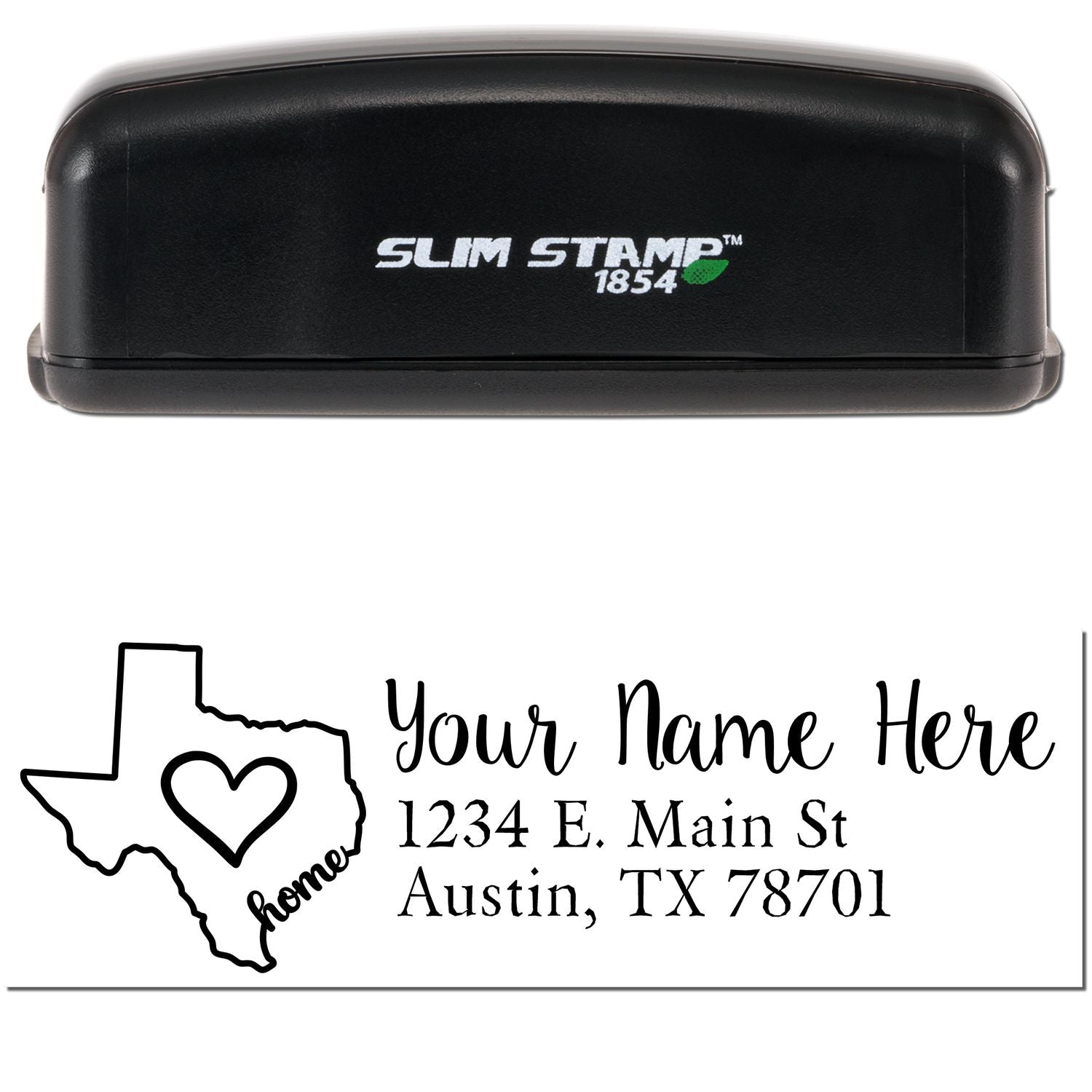 Slim Pre-Inked Texas State Love Custom Address Stamp with a black casing and a design featuring a heart inside the Texas outline, customizable with name and address.