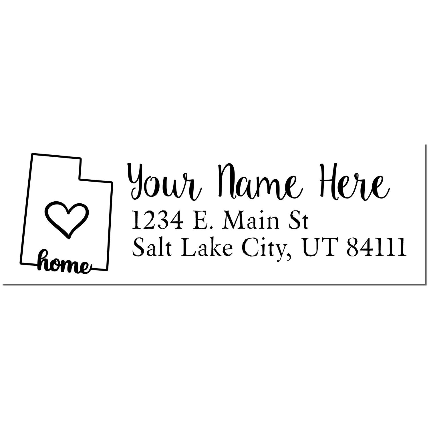 Wood Handle Utah Custom Address Rubber Stamp with a heart design inside the state outline. Text: 'Your Name Here, 1234 E. Main St, Salt Lake City, UT 84111'. Perfect for personalized mail.