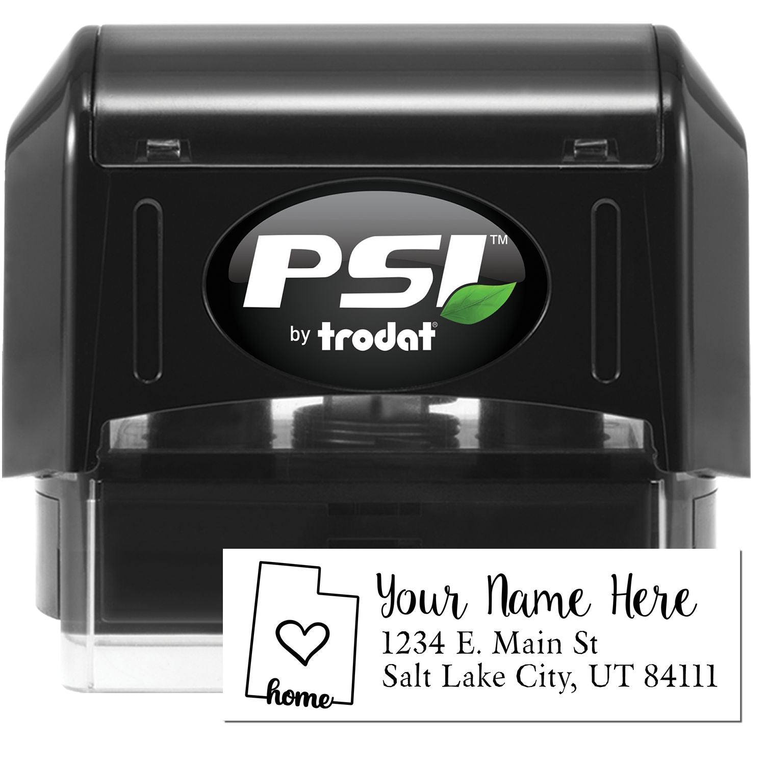 PSI Pre-Inked Personalized Utah State Love Address Stamp featuring a black casing with a sample address and heart design, perfect for adding a personal touch to your mail.