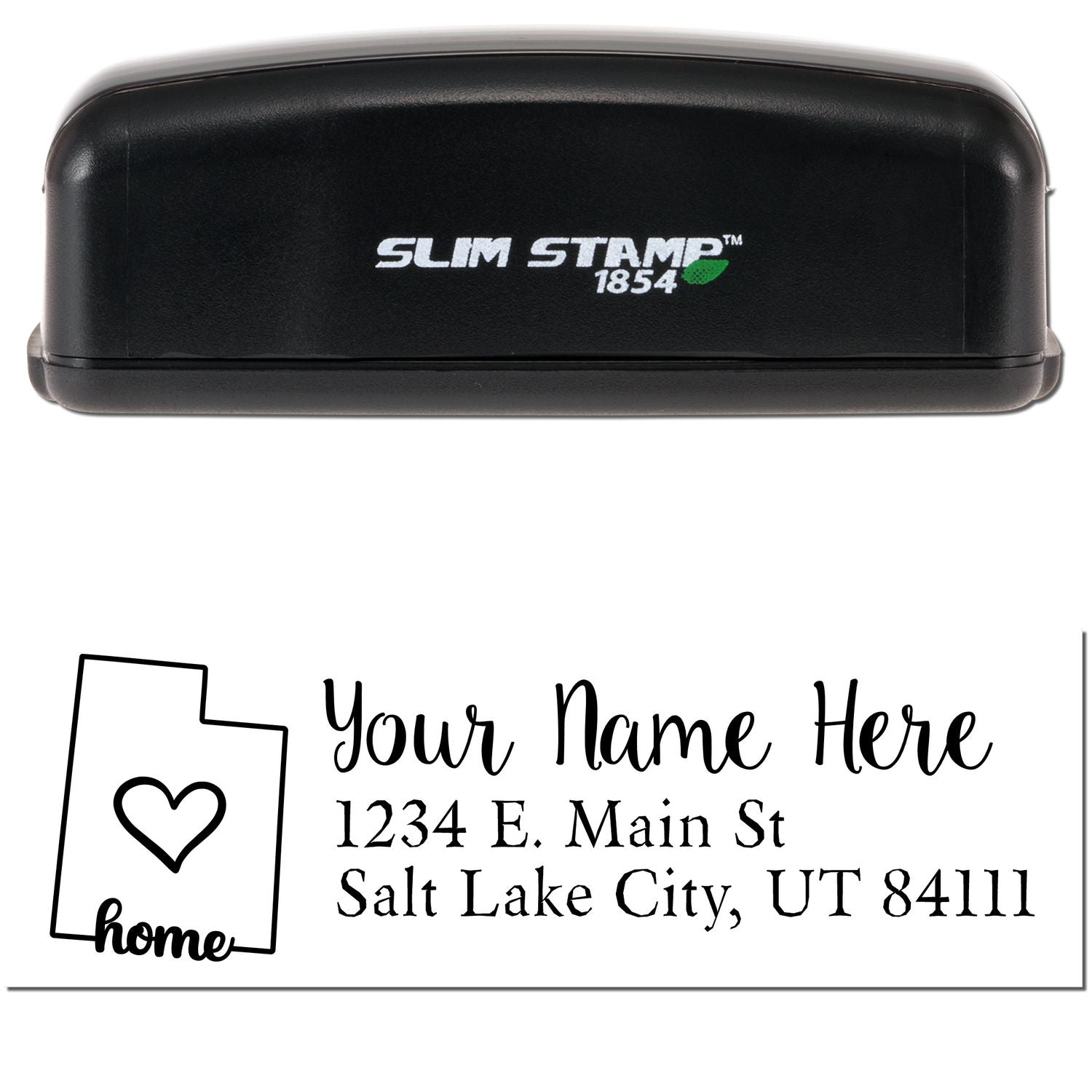 Slim Pre-Inked Utah State Love Custom Address Stamp with a black casing. Features a heart design and customizable address text for personalized stamping.