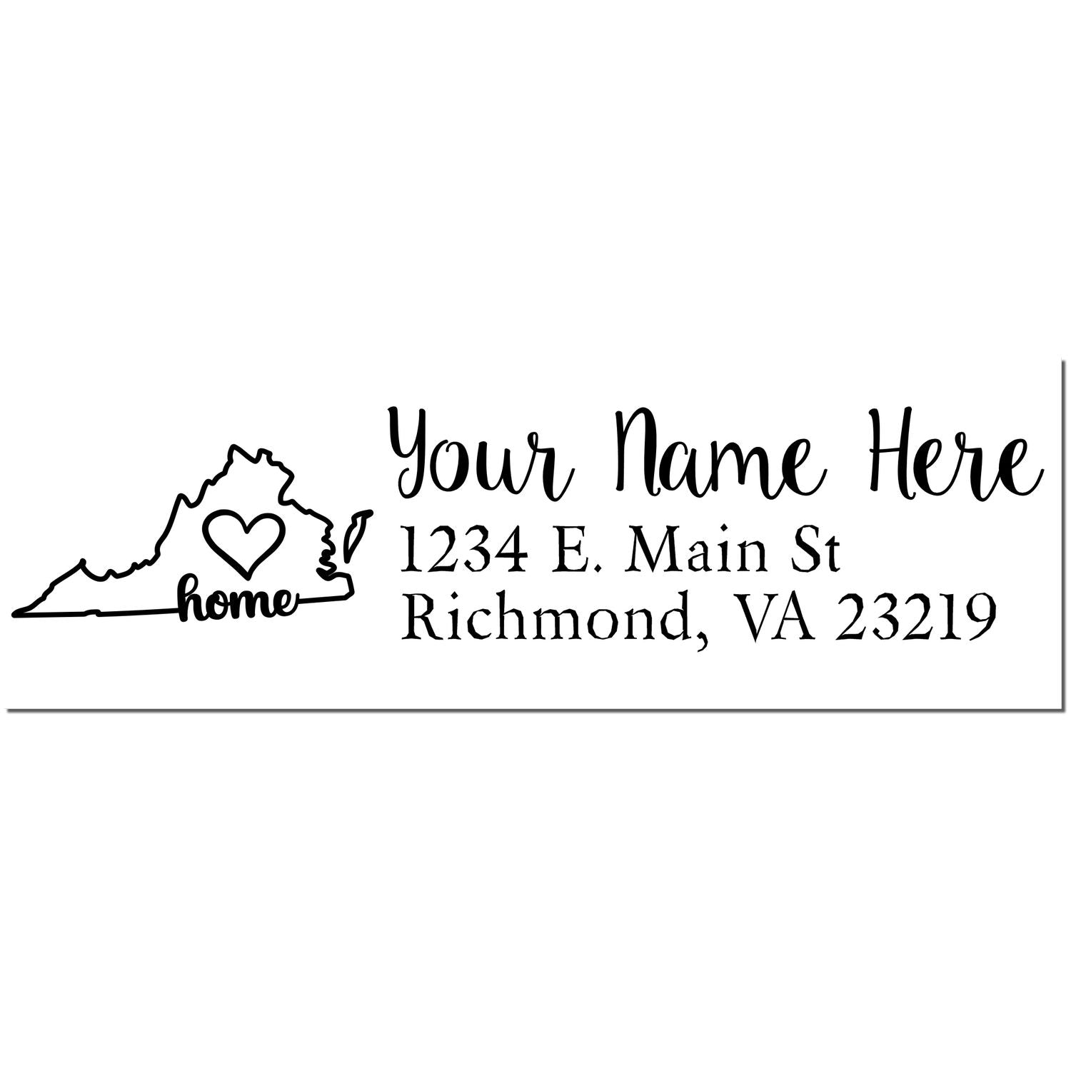 PSI Pre-Inked Personalized Virginia State Love Address Stamp featuring a Virginia outline with home text, customizable name, and address fields in elegant script.