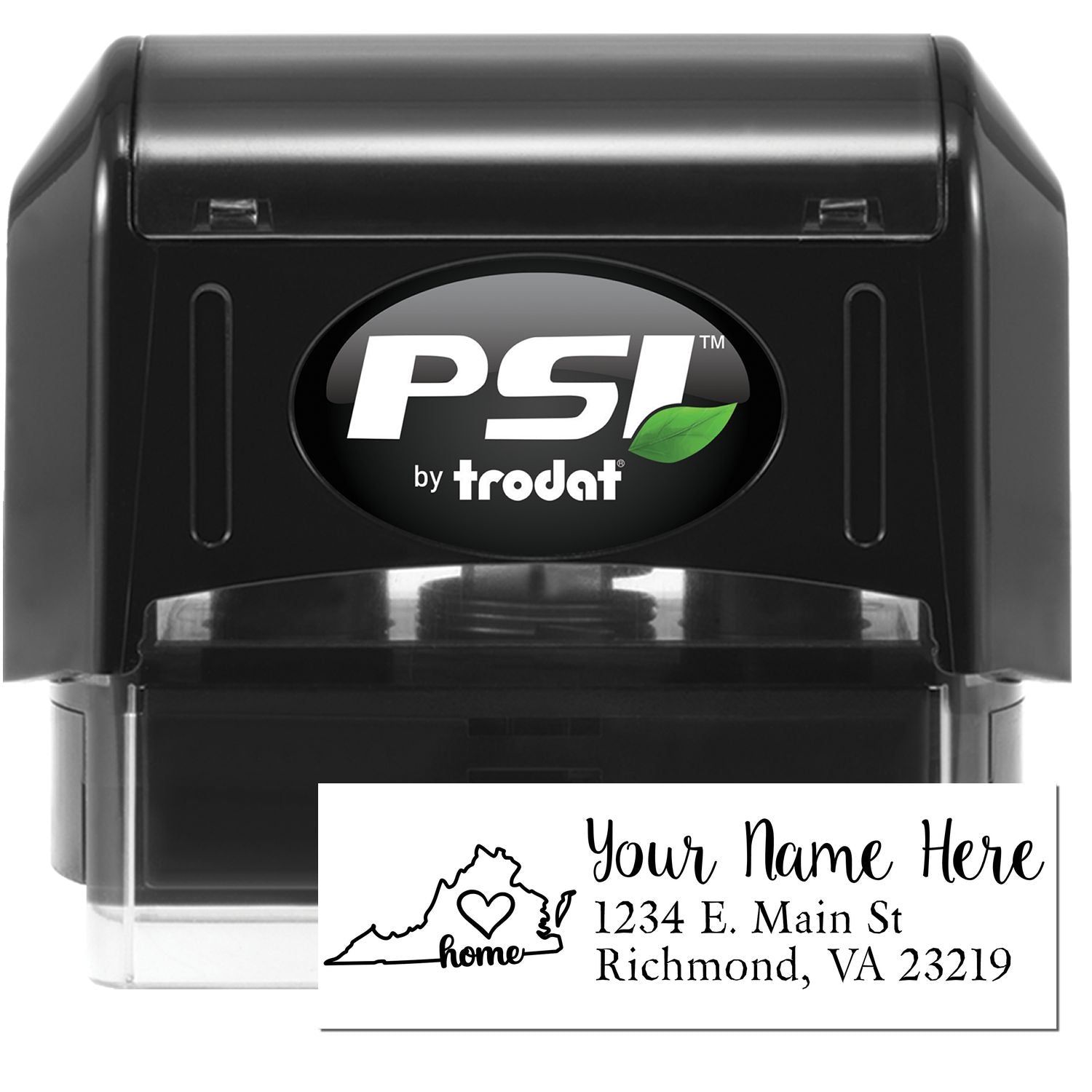 PSI Pre-Inked Personalized Virginia State Love Address Stamp featuring a black casing and a sample imprint with a heart and home design, showcasing a customizable address format.