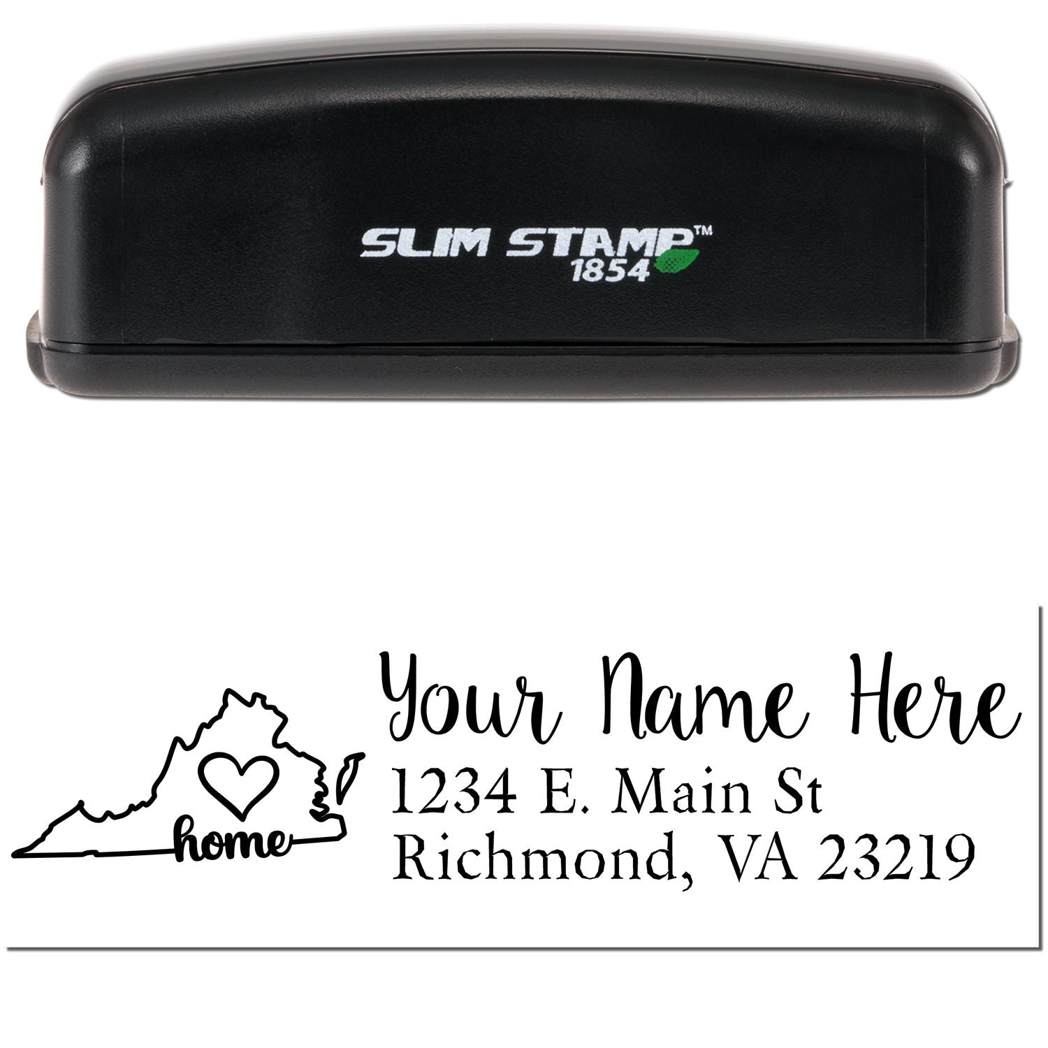 Slim Pre-Inked Virginia State Love Custom Address Stamp with Your Name Here and address, featuring a heart design inside the Virginia state outline. Black stamp case with Slim Stamp 1854 logo.