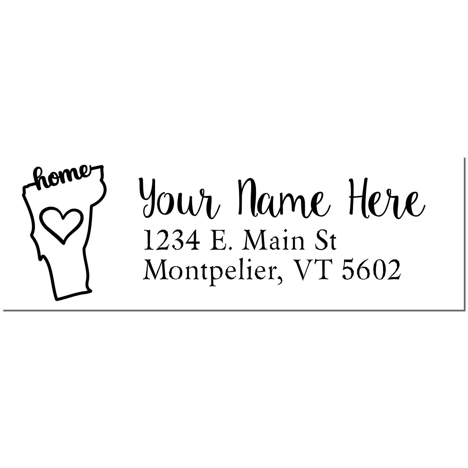 Vermont Self-Inking State Love Address Stamp featuring a heart design and the word home with customizable name and address fields. Perfect for personalizing mail from Montpelier, VT.