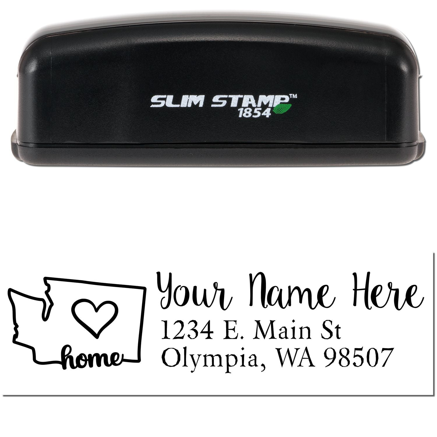 Image of a Slim Pre-Inked Washington State Love Custom Address Stamp featuring a black casing and a design with a heart inside the state outline, personalized with name and address.