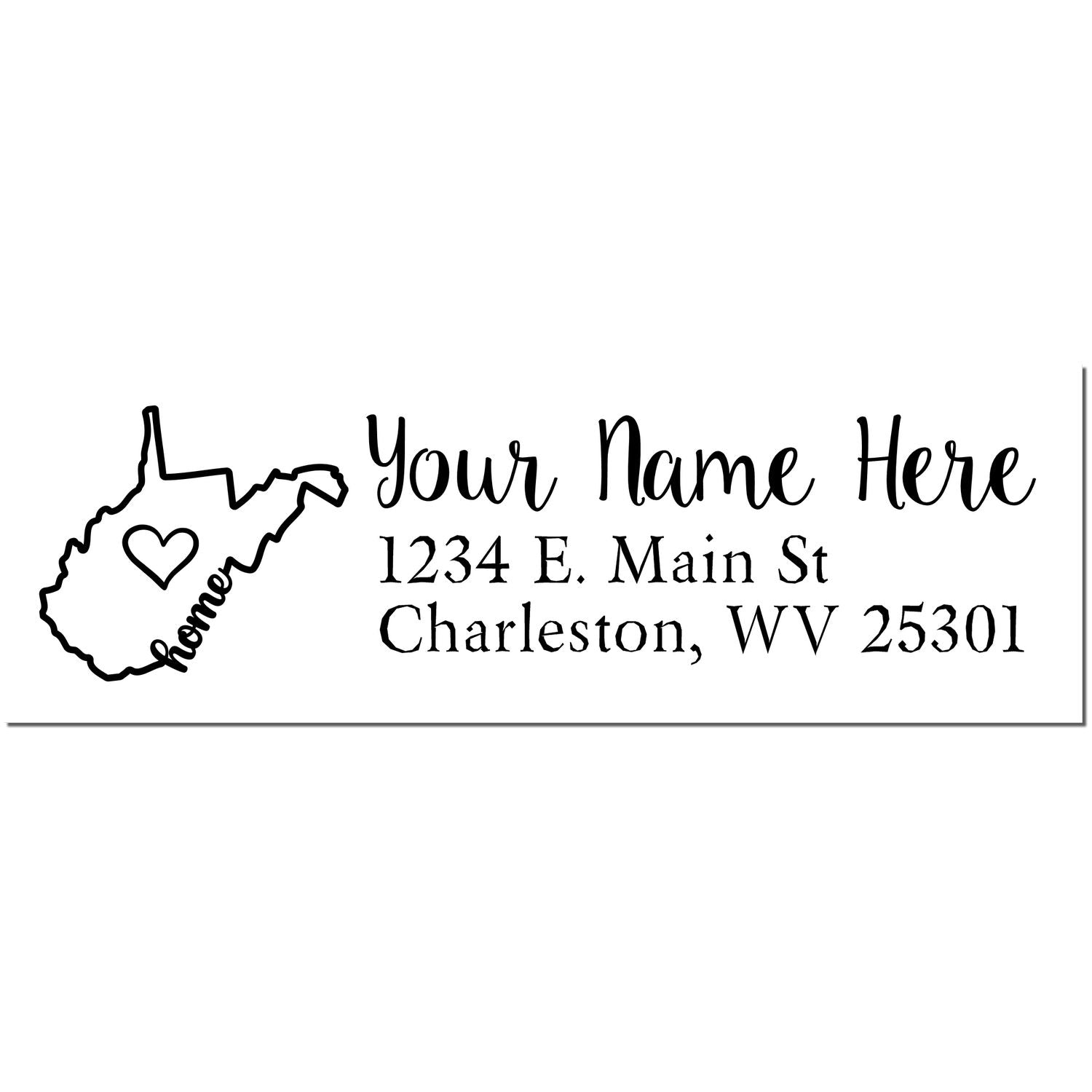 Slim Pre-Inked West Virginia State Love Custom Address Stamp featuring a heart design within the state outline, customizable with name and address in elegant script.