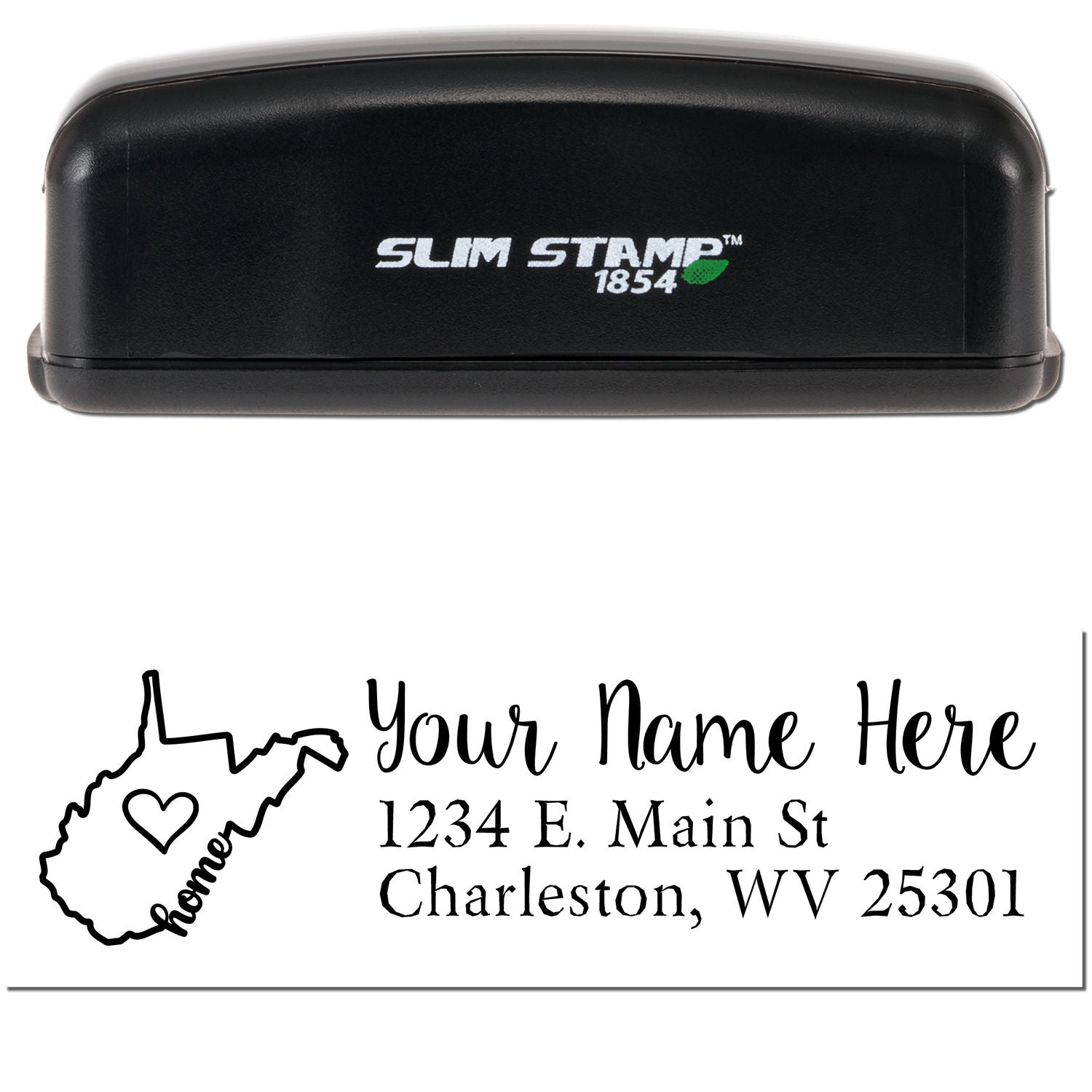 Slim Pre-Inked West Virginia State Love Custom Address Stamp with a black casing. Features a heart design inside the state outline and customizable address text below.