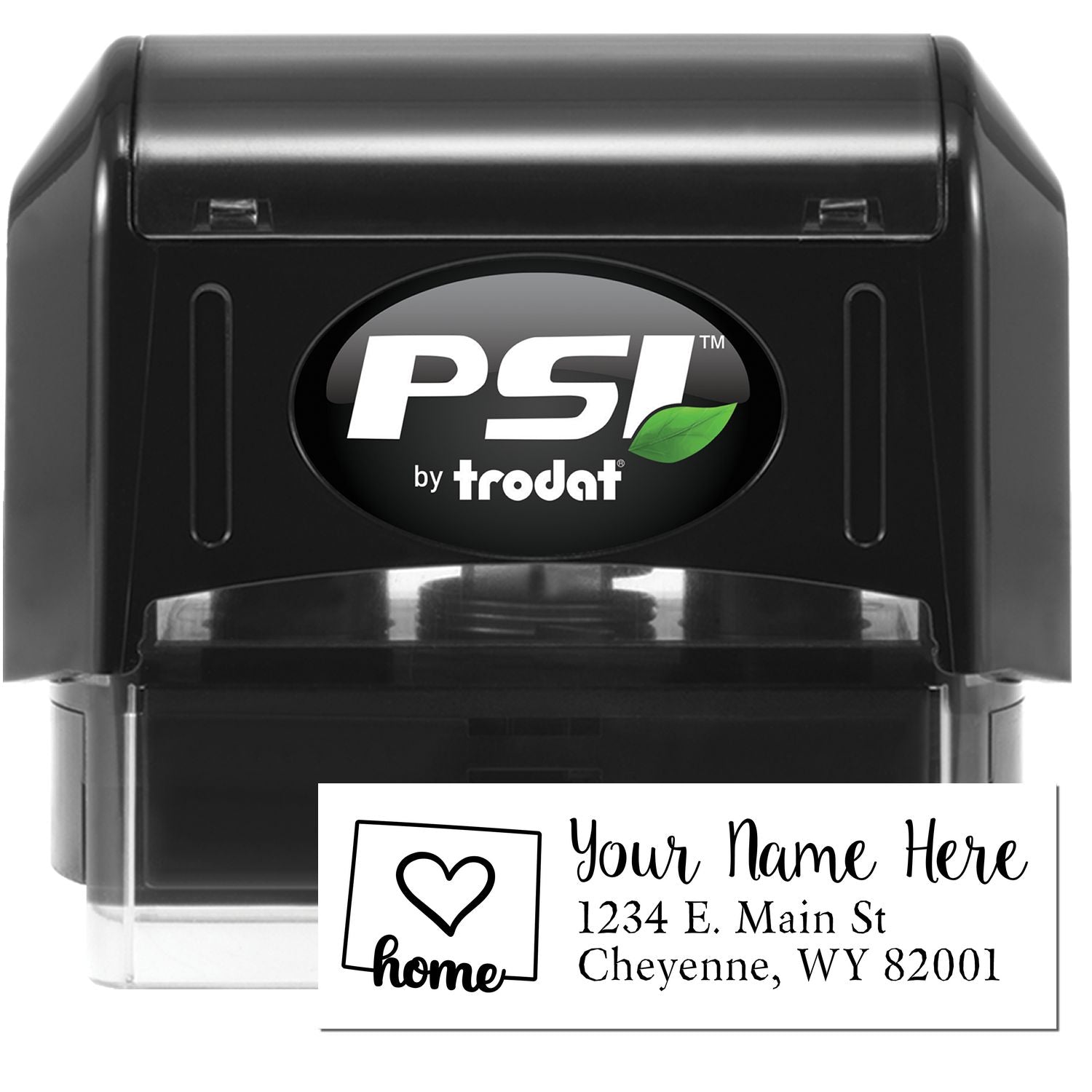 PSI Pre-Inked Personalized Wyoming State Love Address Stamp with a heart and home design, featuring customizable name and address. Black casing with PSI logo.