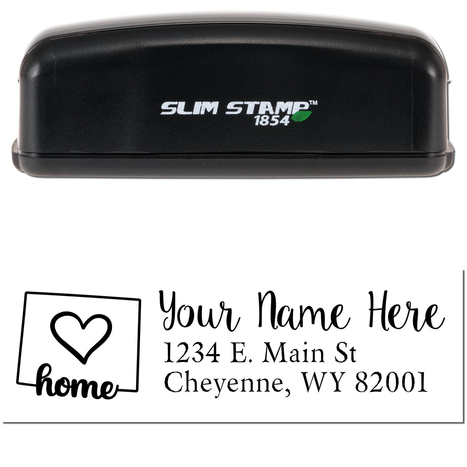 Slim Pre-Inked Wyoming State Love Custom Address Stamp with Your Name Here and address template, featuring a heart and home icon. Black casing with Slim Stamp 1854 branding.