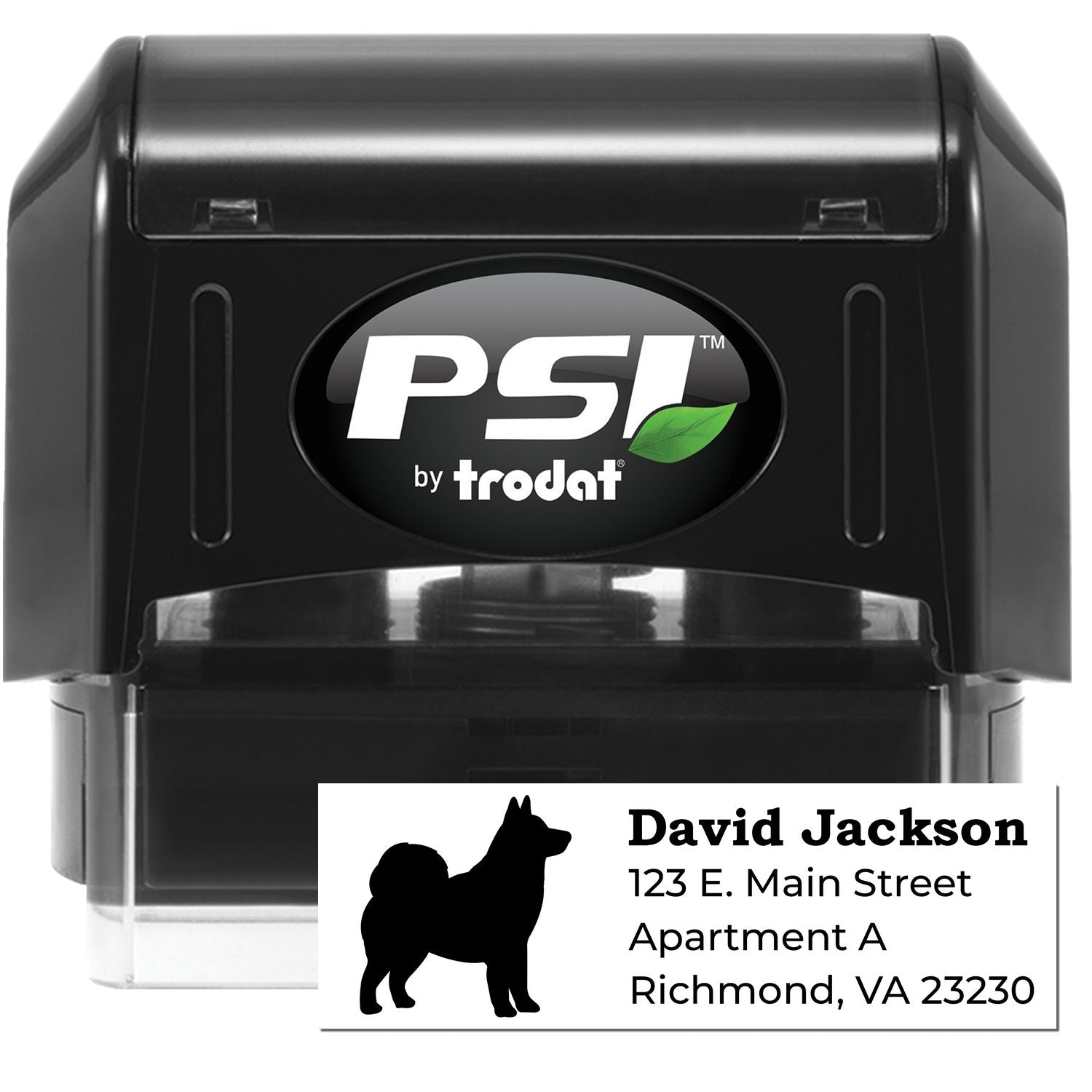 PSI Pre-Inked Personalized Alaskan Malamute Address Stamp featuring a black casing and a sample address with a silhouette of an Alaskan Malamute. Ideal for custom address stamping.