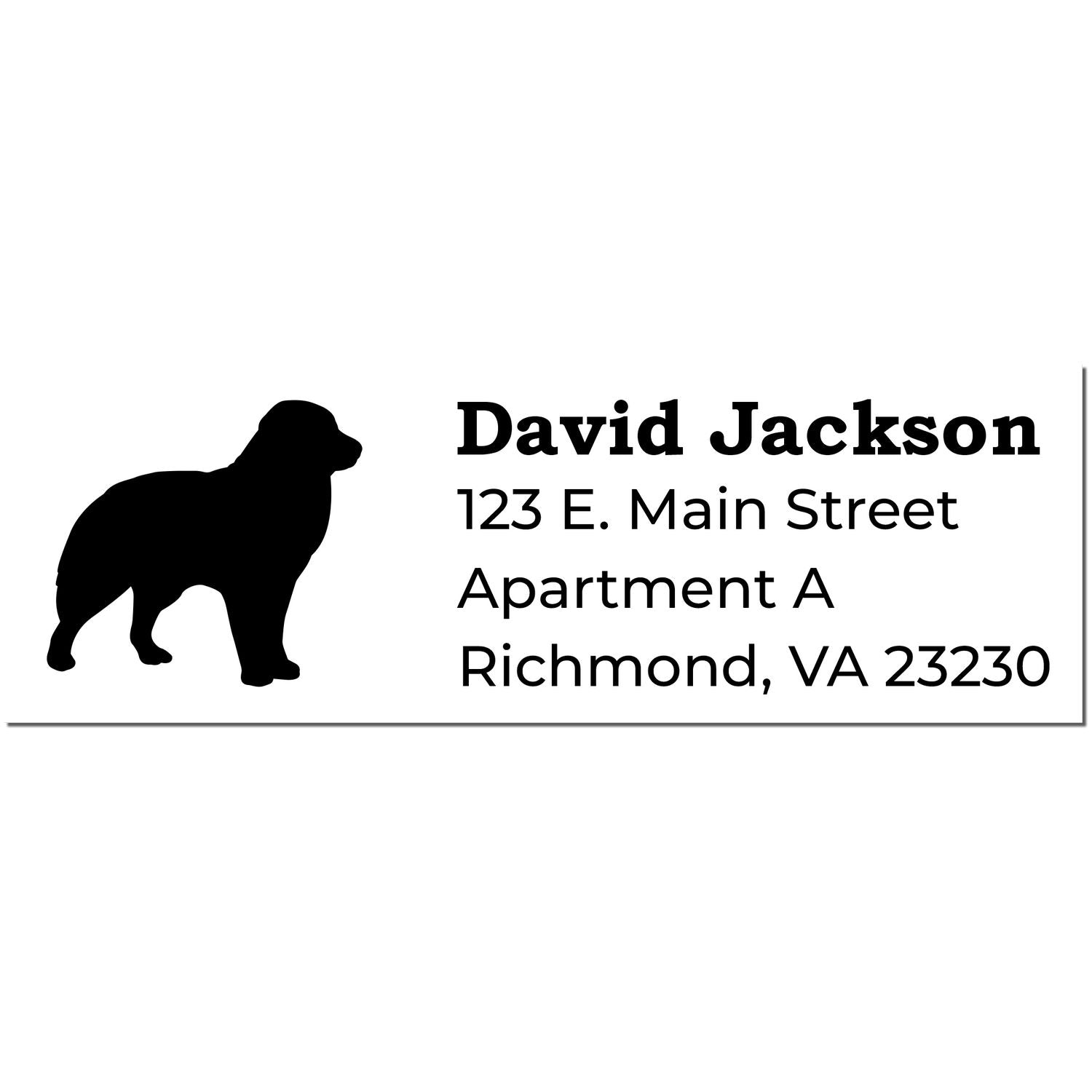 Self-Inking Australian Shepherd Dog Address Stamp with a silhouette of the dog and sample address text: David Jackson, 123 E. Main Street, Apartment A, Richmond, VA 23230.