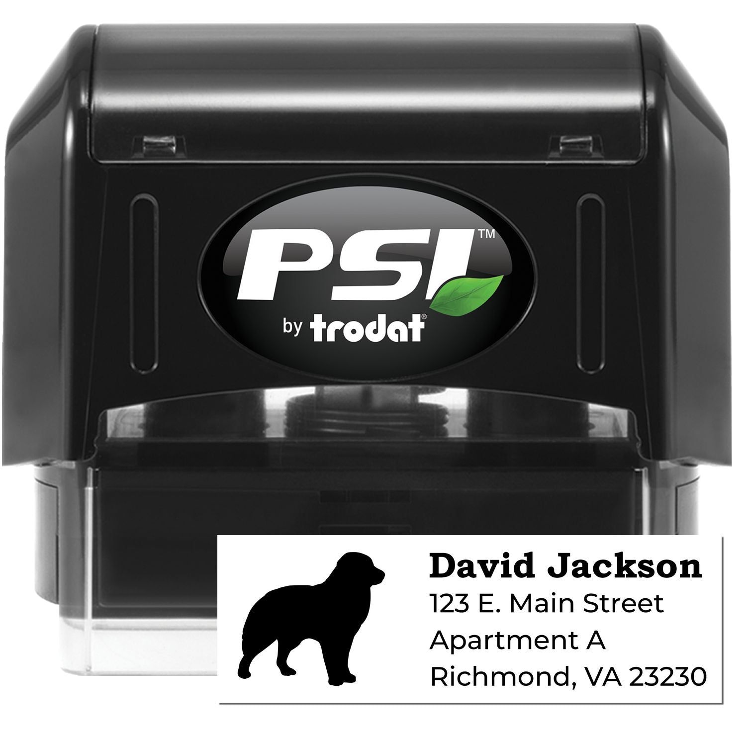 PSI Pre-Inked Personalized Australian Shepherd Address Stamp featuring a black casing and a silhouette of an Australian Shepherd. Customizable with name and address details.