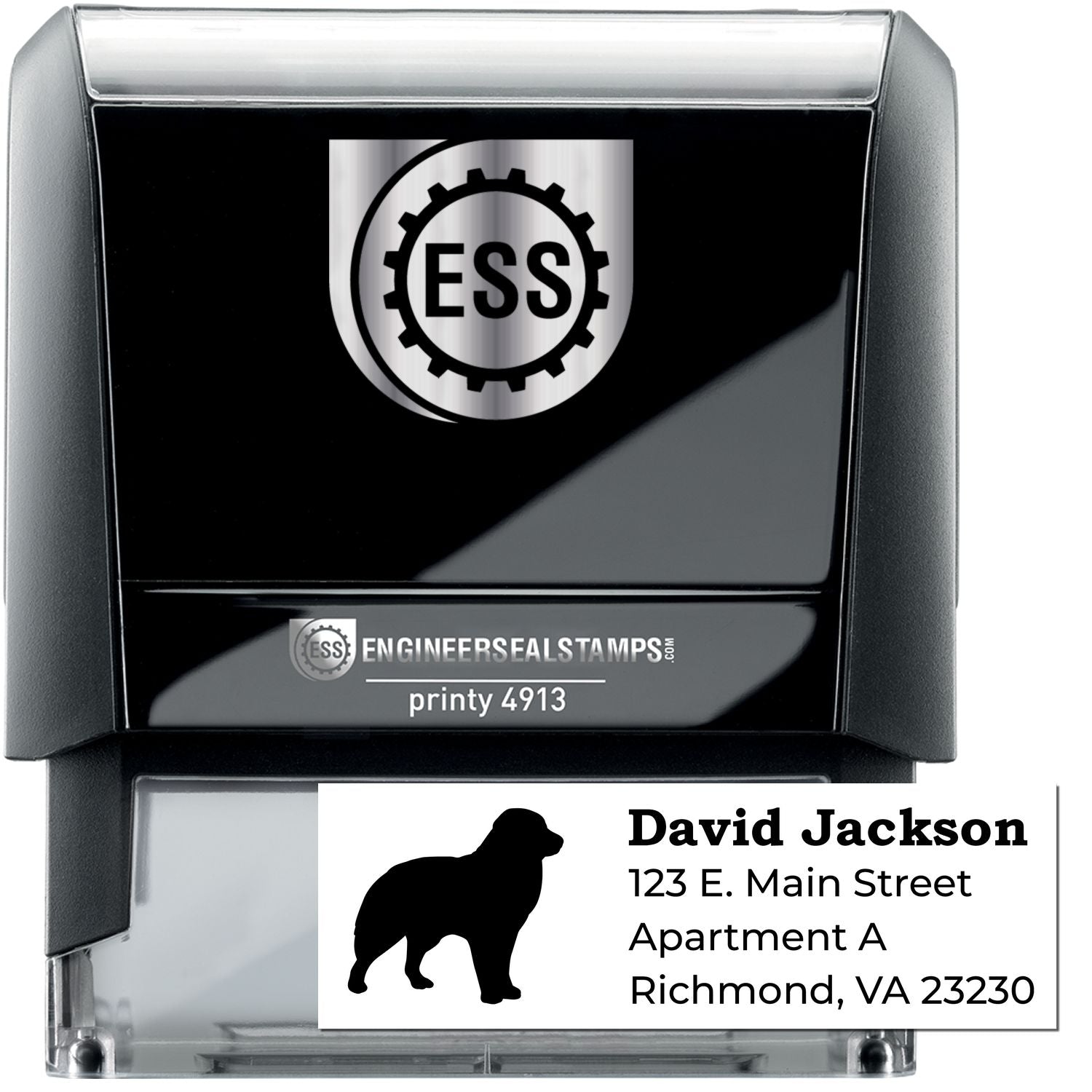 Self-Inking Australian Shepherd Dog Address Stamp with a silhouette of the dog. Features customizable address text below. Ideal for personalizing mail with ease and style.