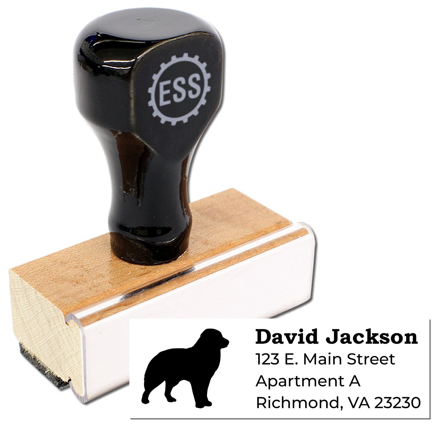 Australian Shepherd Silhouette Address Rubber Stamp with wooden handle, featuring a black silhouette of the dog and customizable address text. Perfect for personalizing mail and stationery.