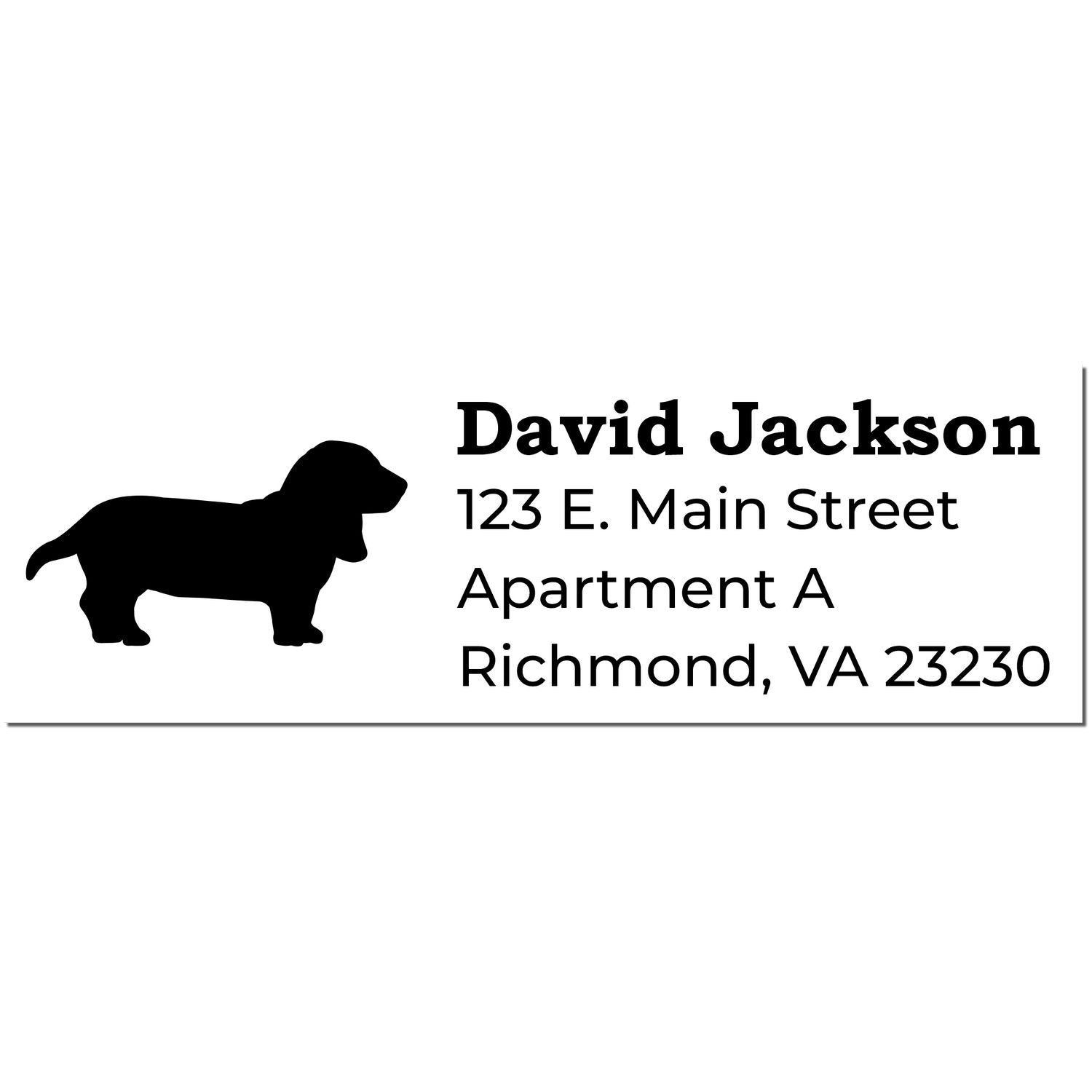 Basset Hound Silhouette Address Rubber Stamp featuring a black silhouette of a Basset Hound next to a sample address in bold, clear font. Ideal for personalized mail and stationery.