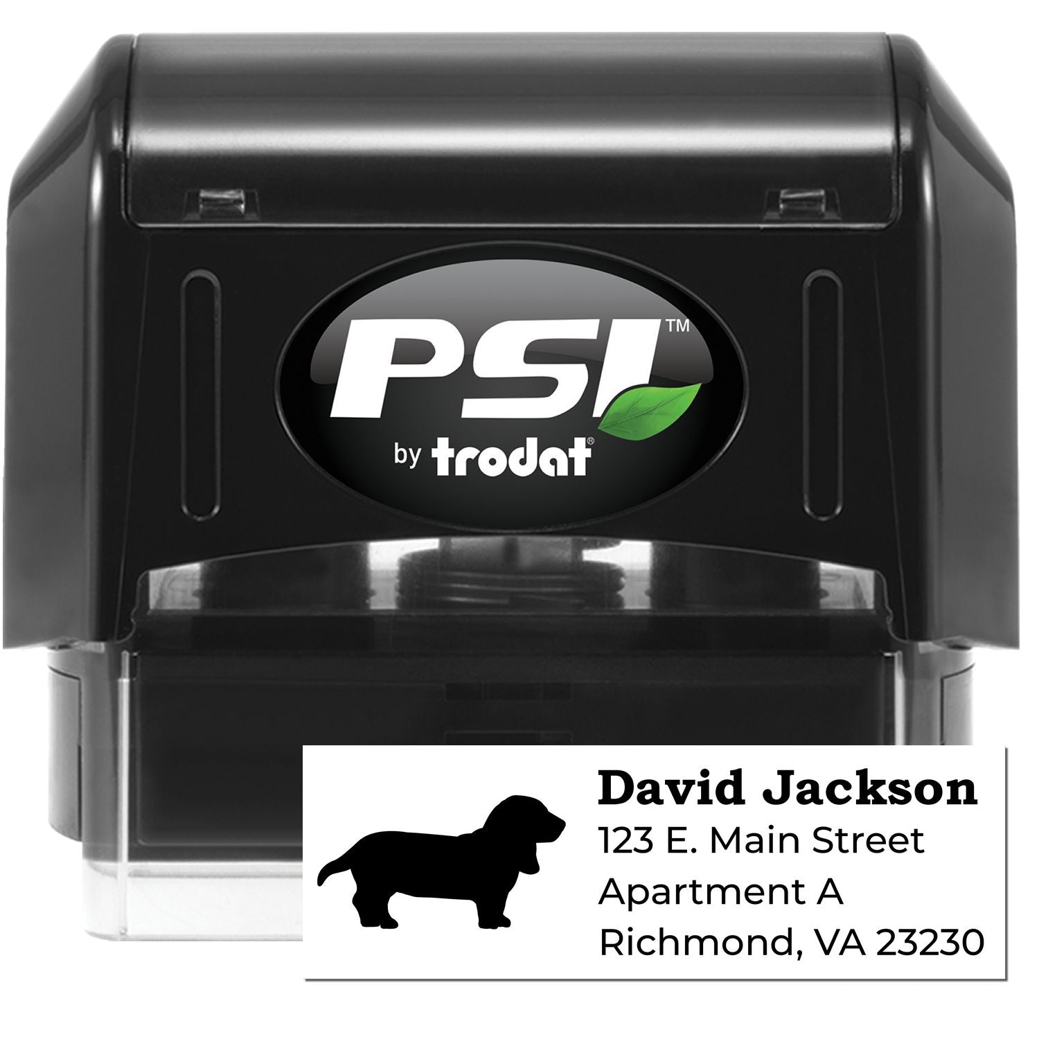 PSI Pre-Inked Personalized Basset Hound Address Stamp with a black casing, featuring a basset hound silhouette and sample address text. Ideal for adding a personal touch to mail.