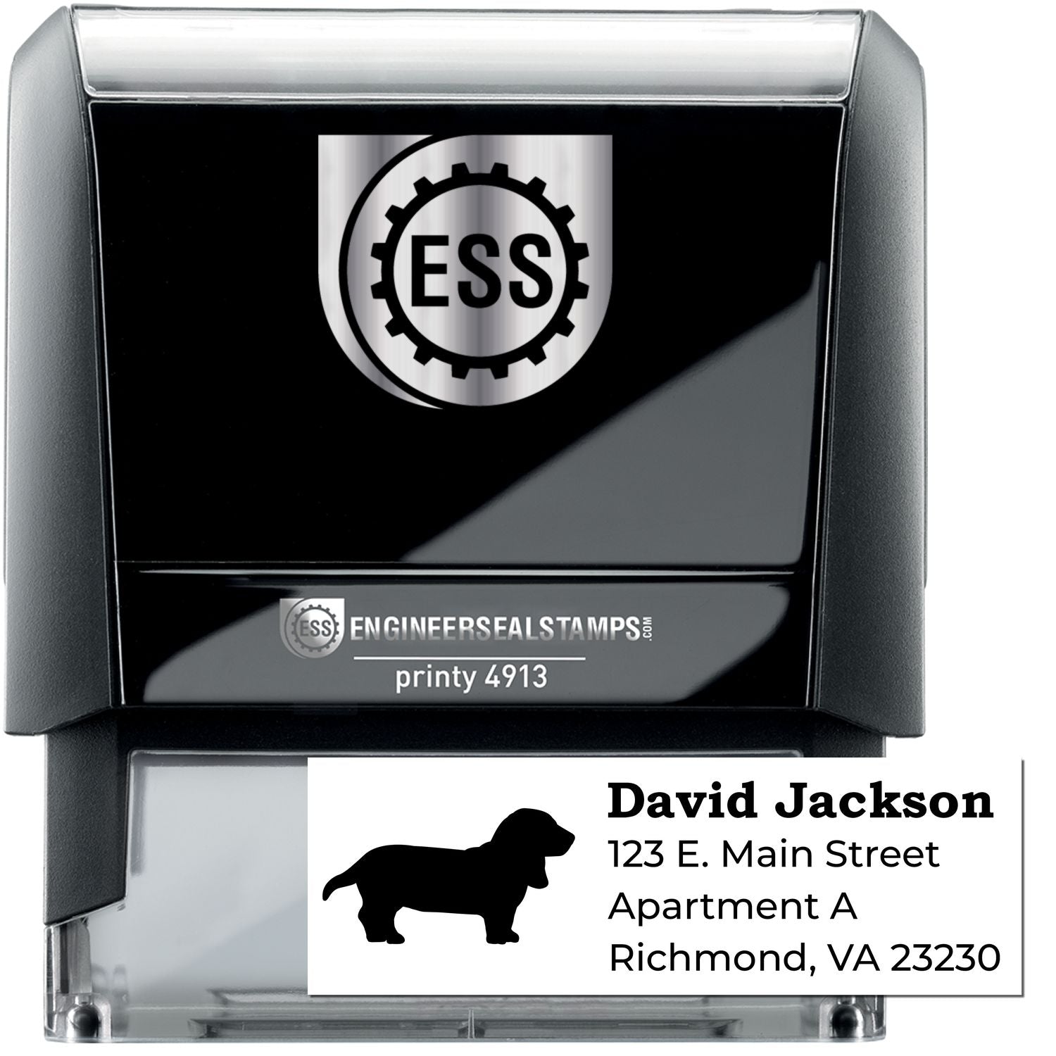 Self-Inking Basset Hound Dog Address Stamp with a black casing, featuring a silhouette of a Basset Hound and customizable address text. Ideal for personalizing mail with ease and style.