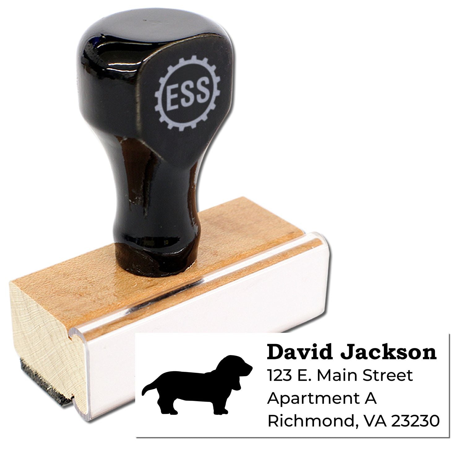 Basset Hound Silhouette Address Rubber Stamp with wooden handle and black top. Features a basset hound silhouette and customizable address text. Perfect for personalizing mail and stationery.