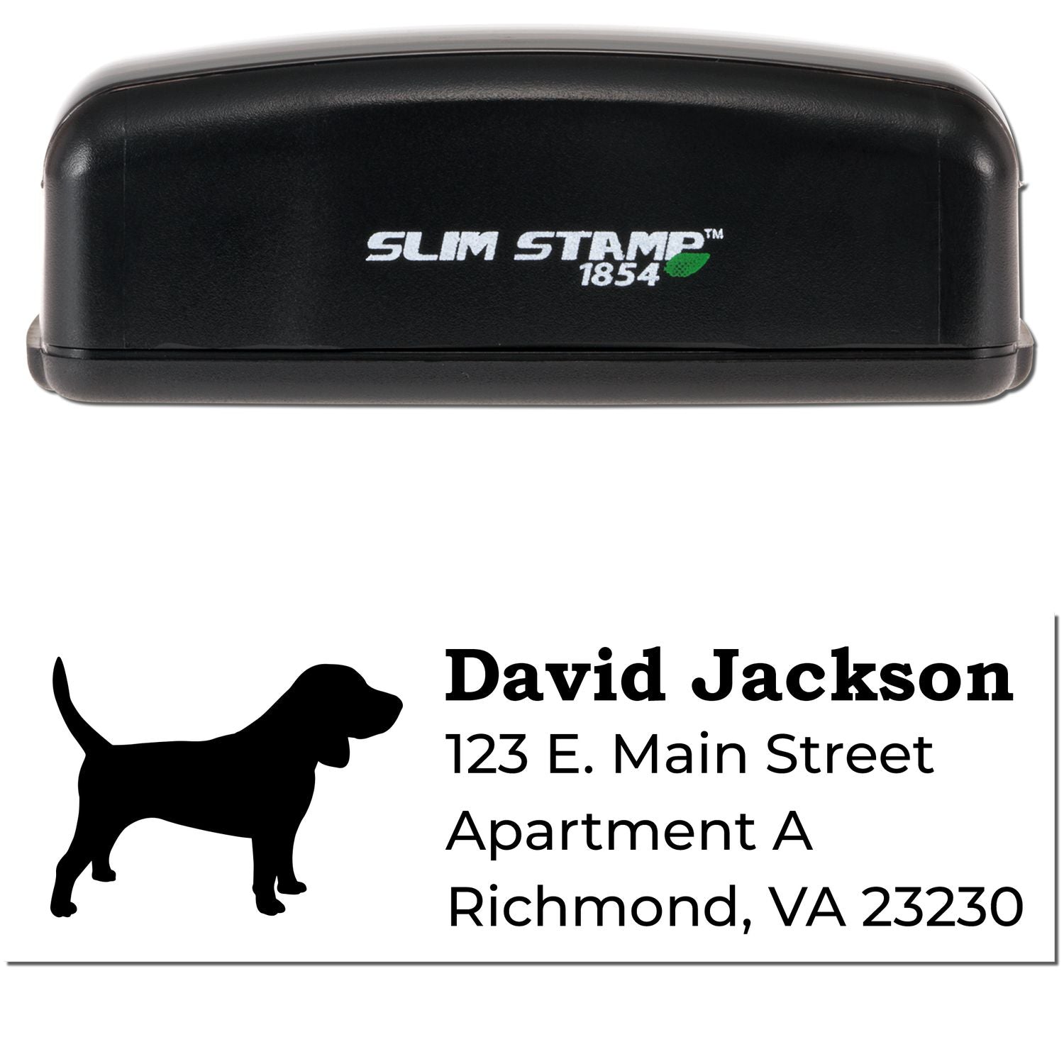 Slim Pre-Inked Beagle Address Stamp with a black casing. Features a beagle silhouette and sample address: David Jackson, 123 E. Main Street, Apartment A, Richmond, VA 23230.