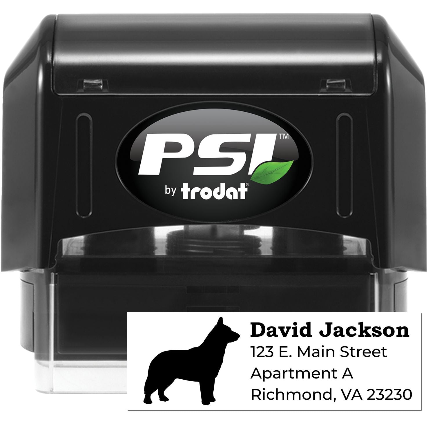 PSI Pre-Inked Personalized Blue Heeler Address Stamp featuring a black casing with a Blue Heeler silhouette and sample address. Ideal for custom stamping needs.