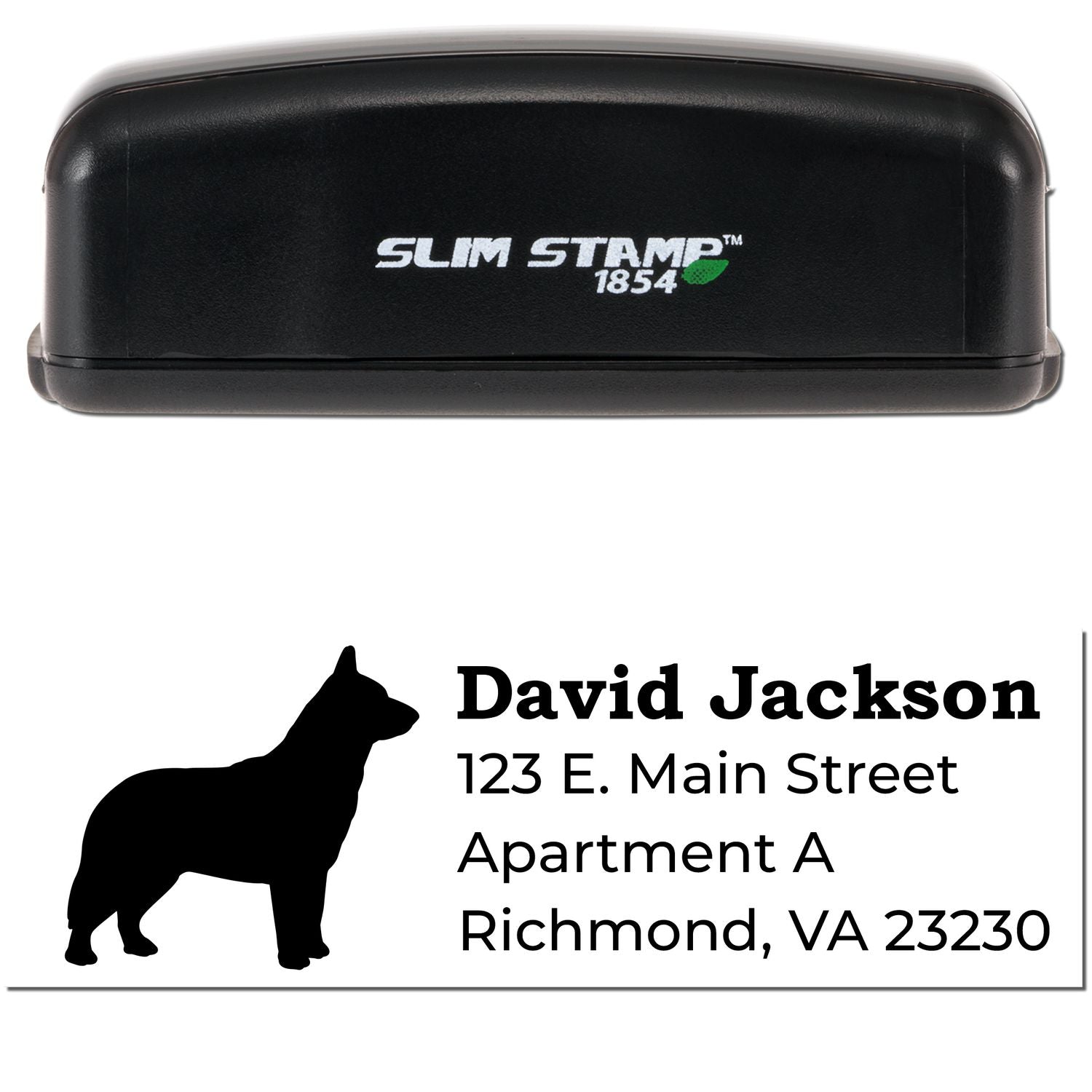 Slim Pre-Inked Blue Heeler Address Stamp with a black casing. Features a silhouette of a Blue Heeler dog and sample address text: David Jackson, 123 E. Main Street, Richmond, VA 23230.