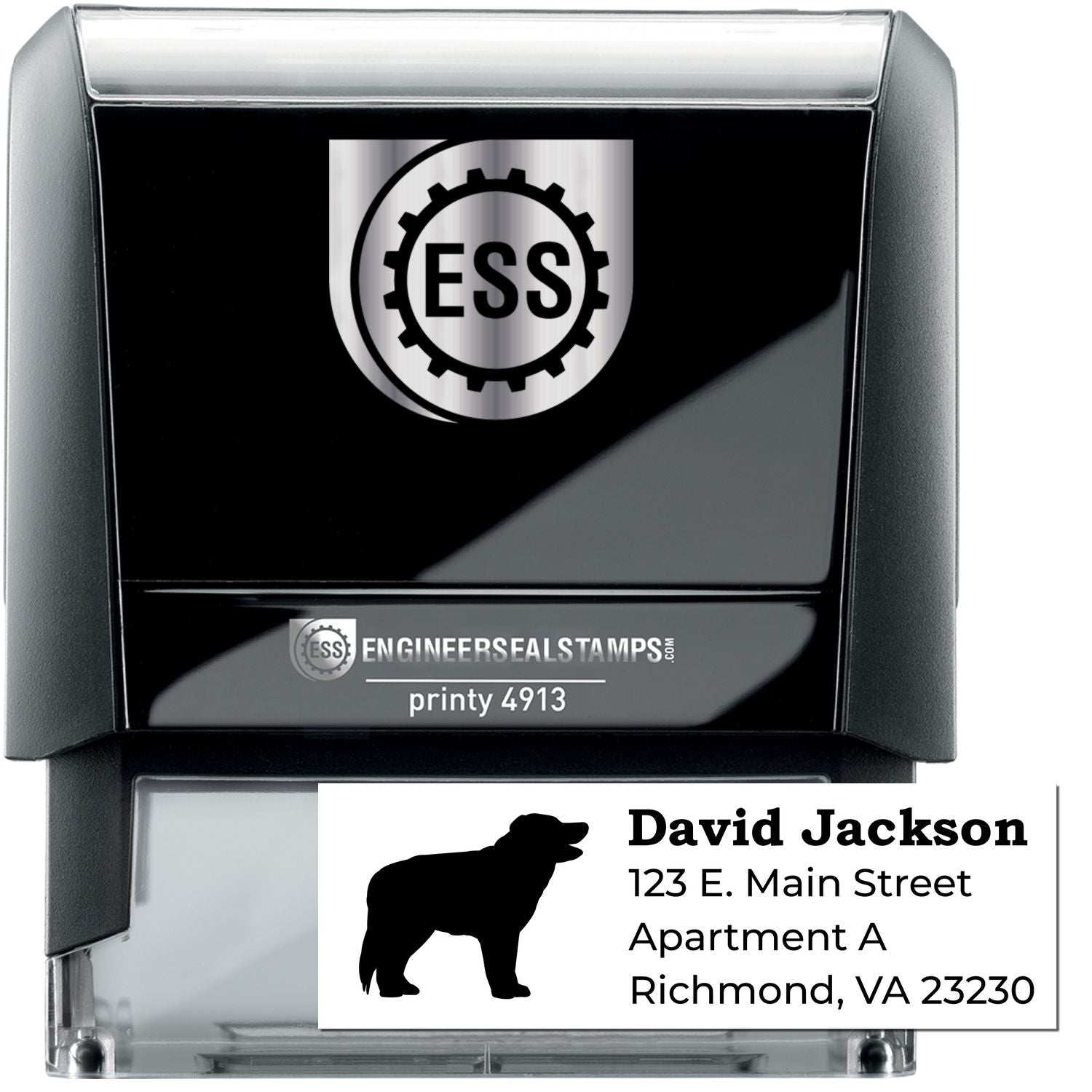 Self-Inking Border Collie Dog Address Stamp with a silhouette of a Border Collie. Features customizable address text. Ideal for personalizing mail with a unique dog-themed design.