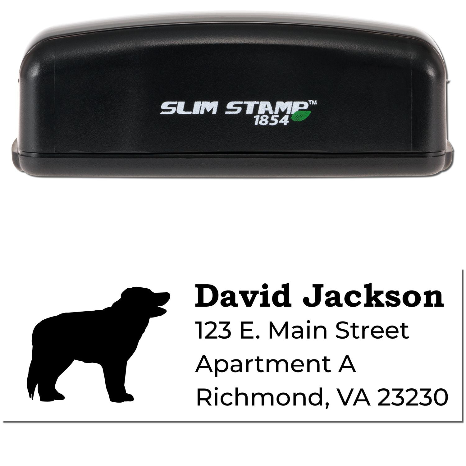 Slim Pre-Inked Border Collie Address Stamp with a black case and a sample imprint showing a Border Collie silhouette, name, and address in bold text.