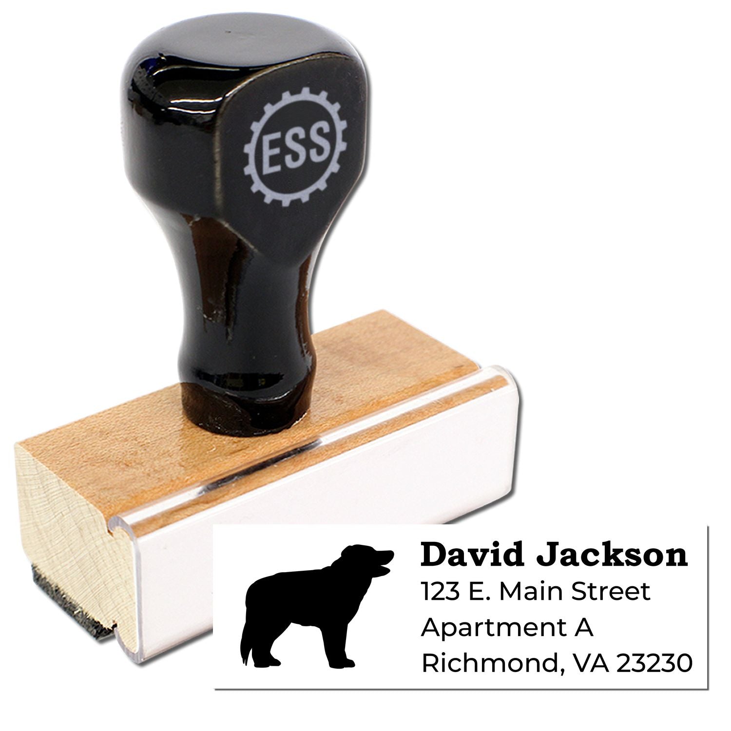 Border Collie Silhouette Address Rubber Stamp with a wooden handle and black top. Features a silhouette of a Border Collie and customizable address text. Perfect for personalizing mail.