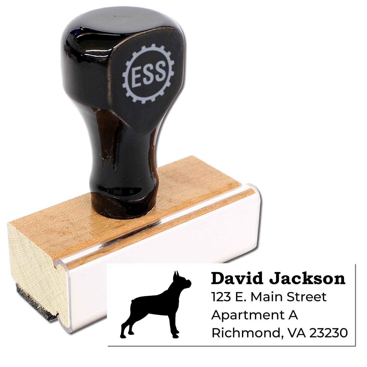 Boxer Silhouette Address Rubber Stamp with a wooden handle and black top. Features a silhouette of a boxer dog and customizable address text. Perfect for personalizing mail and documents.