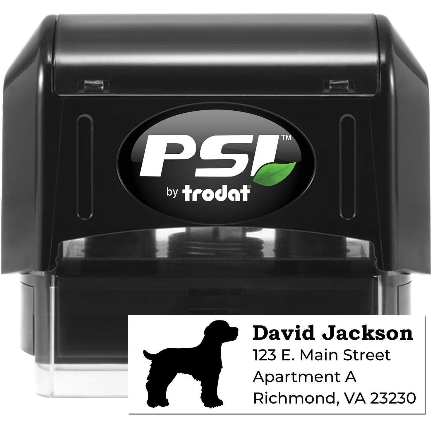 PSI Pre-Inked Personalized Brittany Spaniel Address Stamp featuring a black casing and a silhouette of a Brittany Spaniel. Customizable with name and address details.