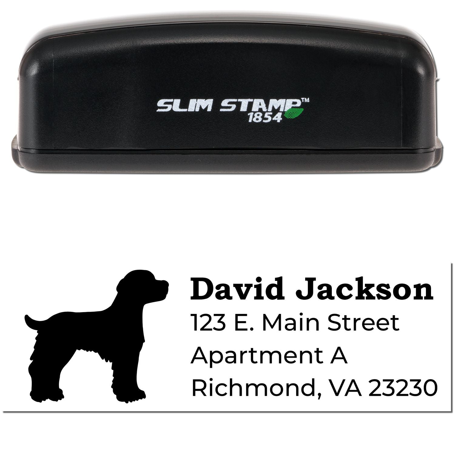 Slim Pre-Inked Brittany Spaniel Address Stamp with a black casing. Features a silhouette of a Brittany Spaniel and sample address text. Ideal for personalized mailings.