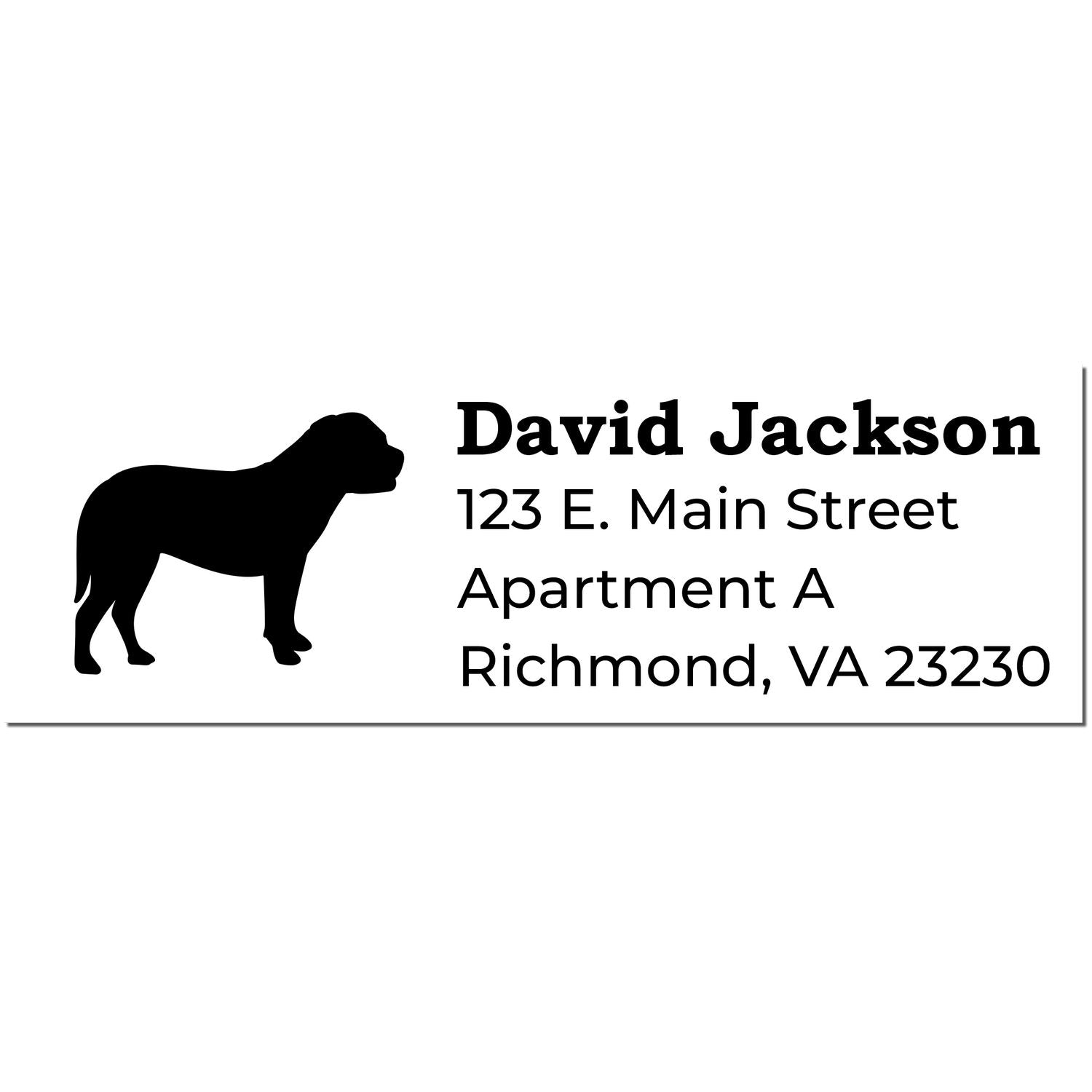 PSI Pre-Inked Personalized Bullmastiff Address Stamp featuring a silhouette of a Bullmastiff and sample address text in bold, clear font. Ideal for adding a personal touch to mail.