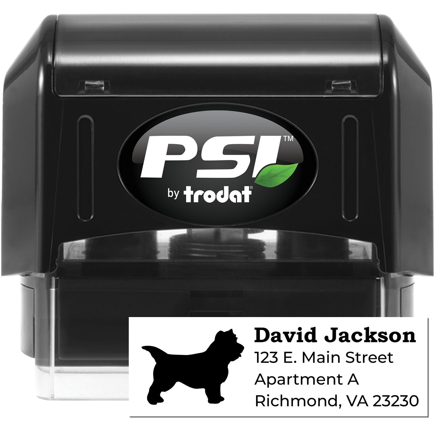 PSI Pre-Inked Personalized Cairn Terrier Address Stamp featuring a black casing and a silhouette of a Cairn Terrier. Customizable with name and address, ideal for personalizing mail.