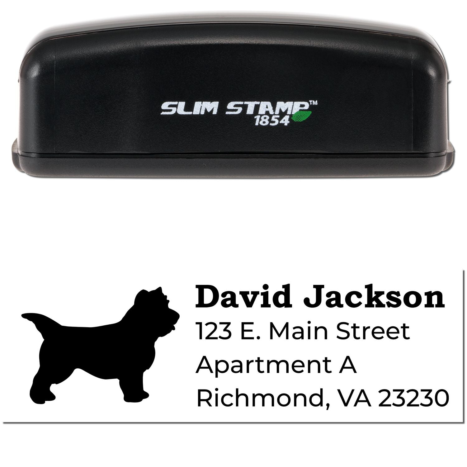 Slim Pre-Inked Cairn Terrier Address Stamp featuring a black silhouette of a Cairn Terrier, personalized with name and address. Compact design with Slim Stamp 1854 branding on the case.