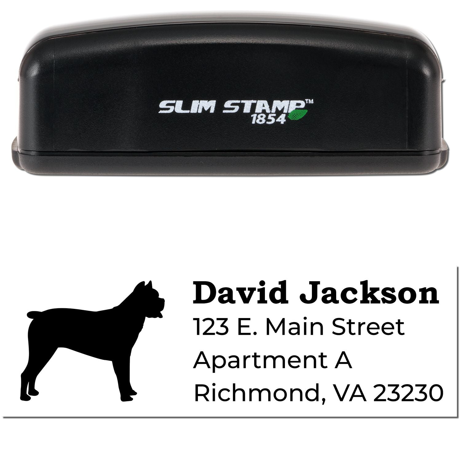 Slim Pre-Inked Cane Corso Address Stamp with a black casing. Features a silhouette of a Cane Corso and sample address text. Compact design for efficient stamping.