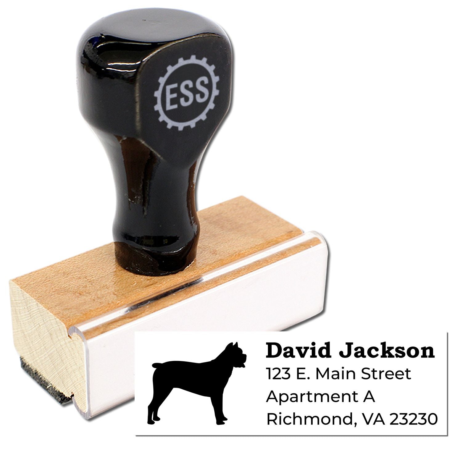 Cane Corso Silhouette Address Rubber Stamp with a wooden handle and black top. Features a silhouette of a Cane Corso and sample address text. Ideal for personalizing mail with style.