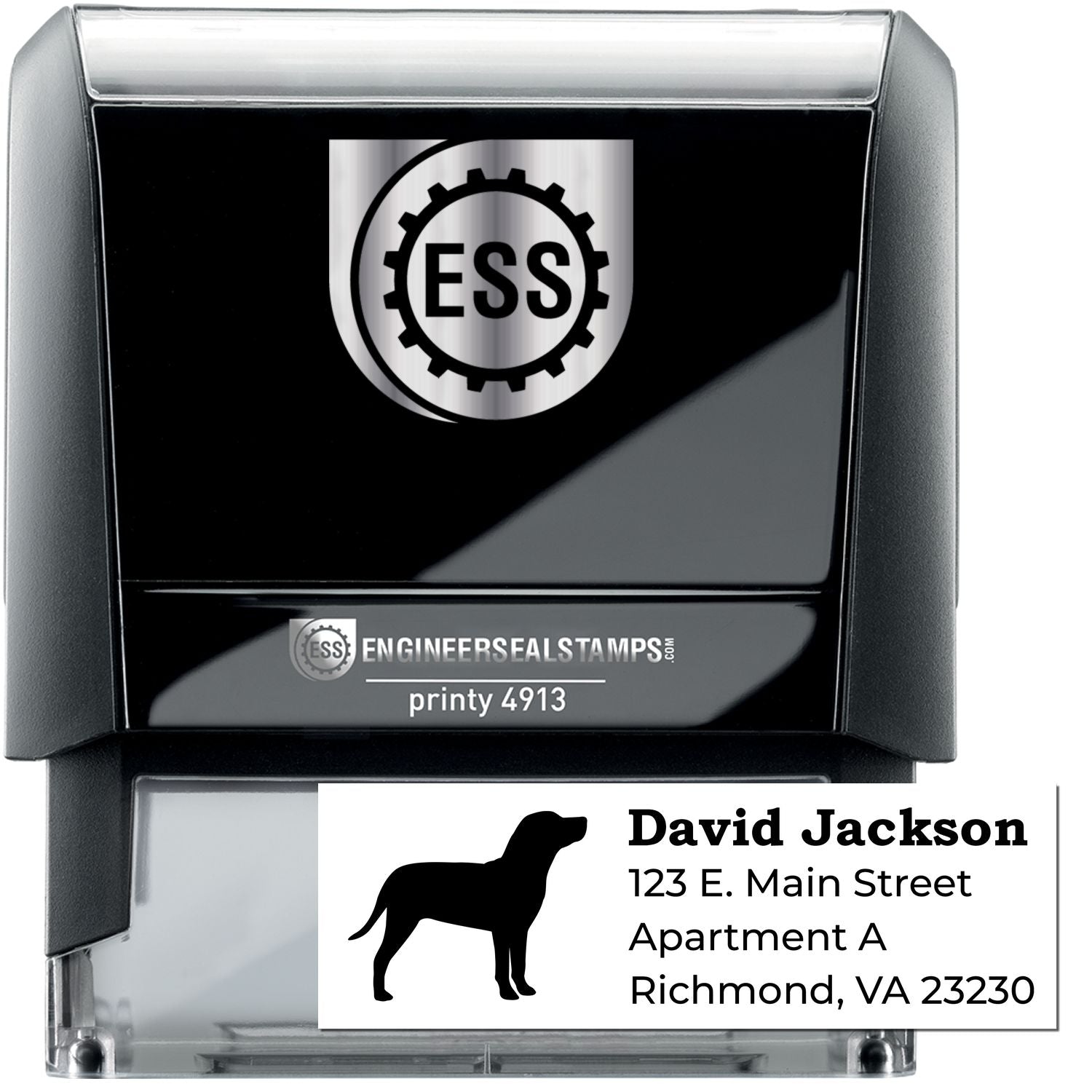 Self-Inking Catahoula Dog Address Stamp with a black casing, featuring a silhouette of a Catahoula dog and sample address text. Ideal for personalized mailings.