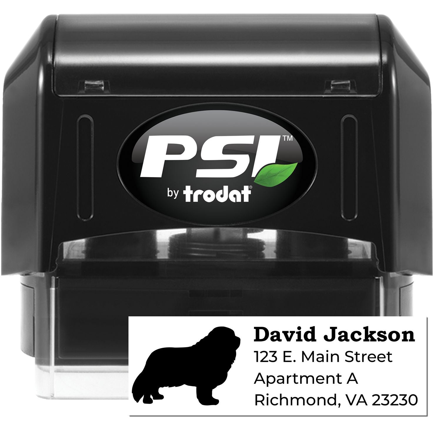 PSI Pre-Inked Personalized Cavalier King Charles Address Stamp featuring a black silhouette of the dog, customizable address, and sleek black casing. Perfect for adding a personal touch to mail.