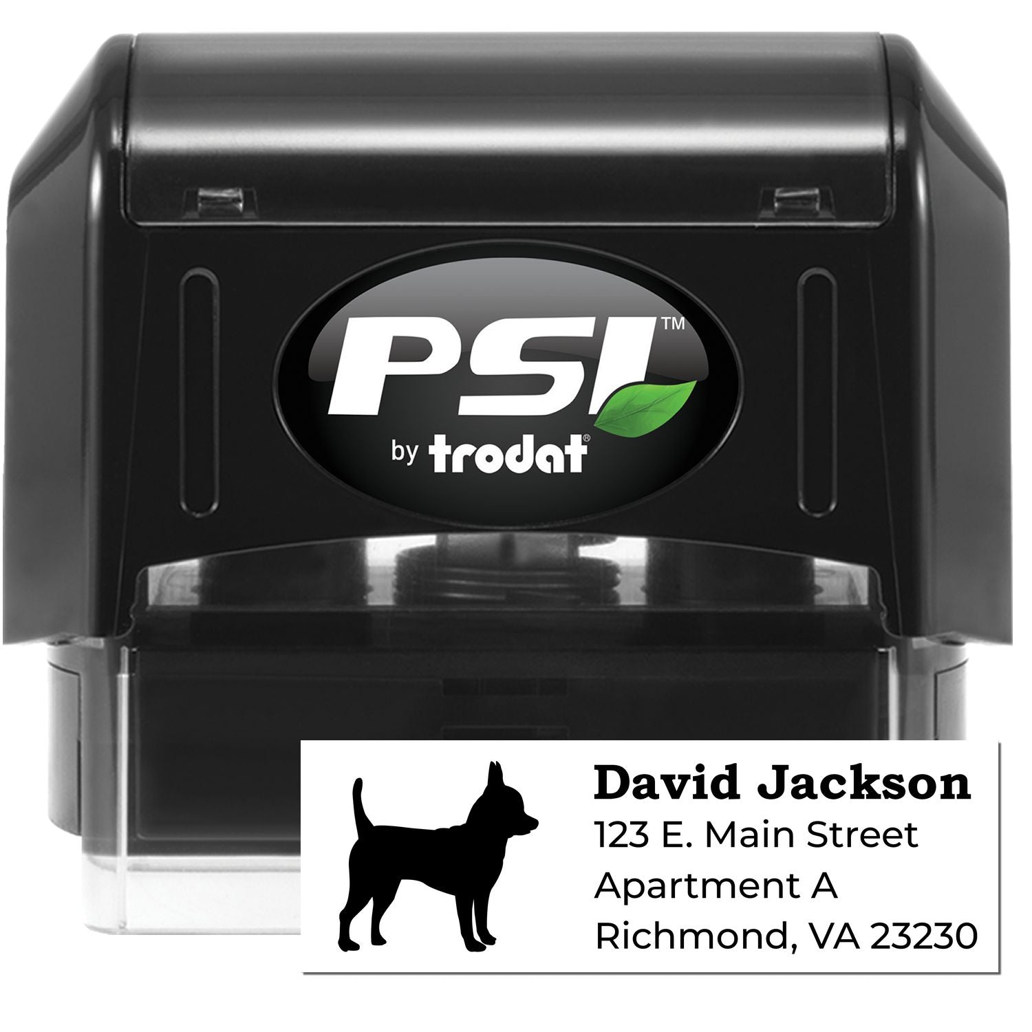 PSI Pre-Inked Personalized Chihuahua Address Stamp featuring a black silhouette of a Chihuahua and sample address. Compact, sleek design with PSI logo on top. Perfect for pet lovers.