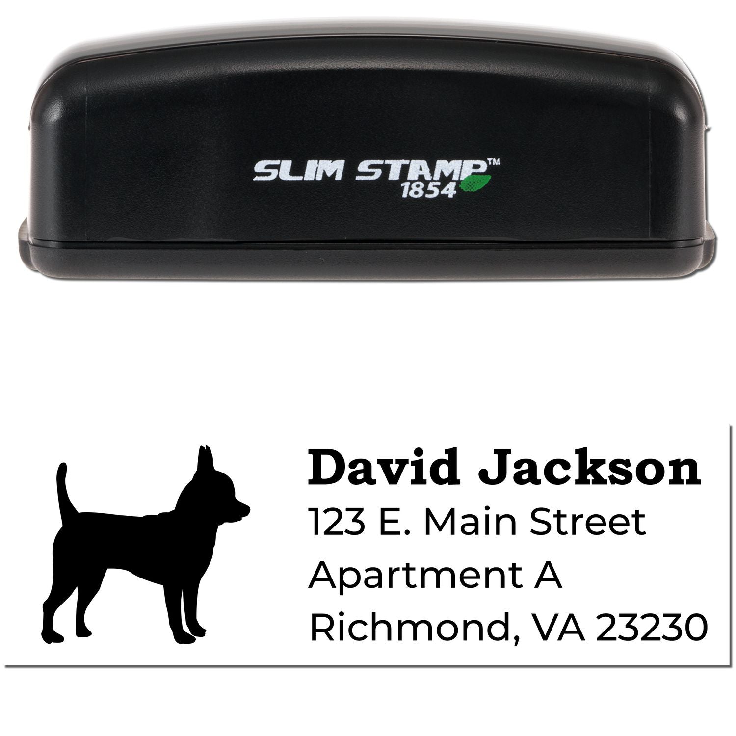 Slim Pre-Inked Chihuahua Address Stamp with a black case, featuring a silhouette of a Chihuahua and sample address text. Ideal for personalized mailings.