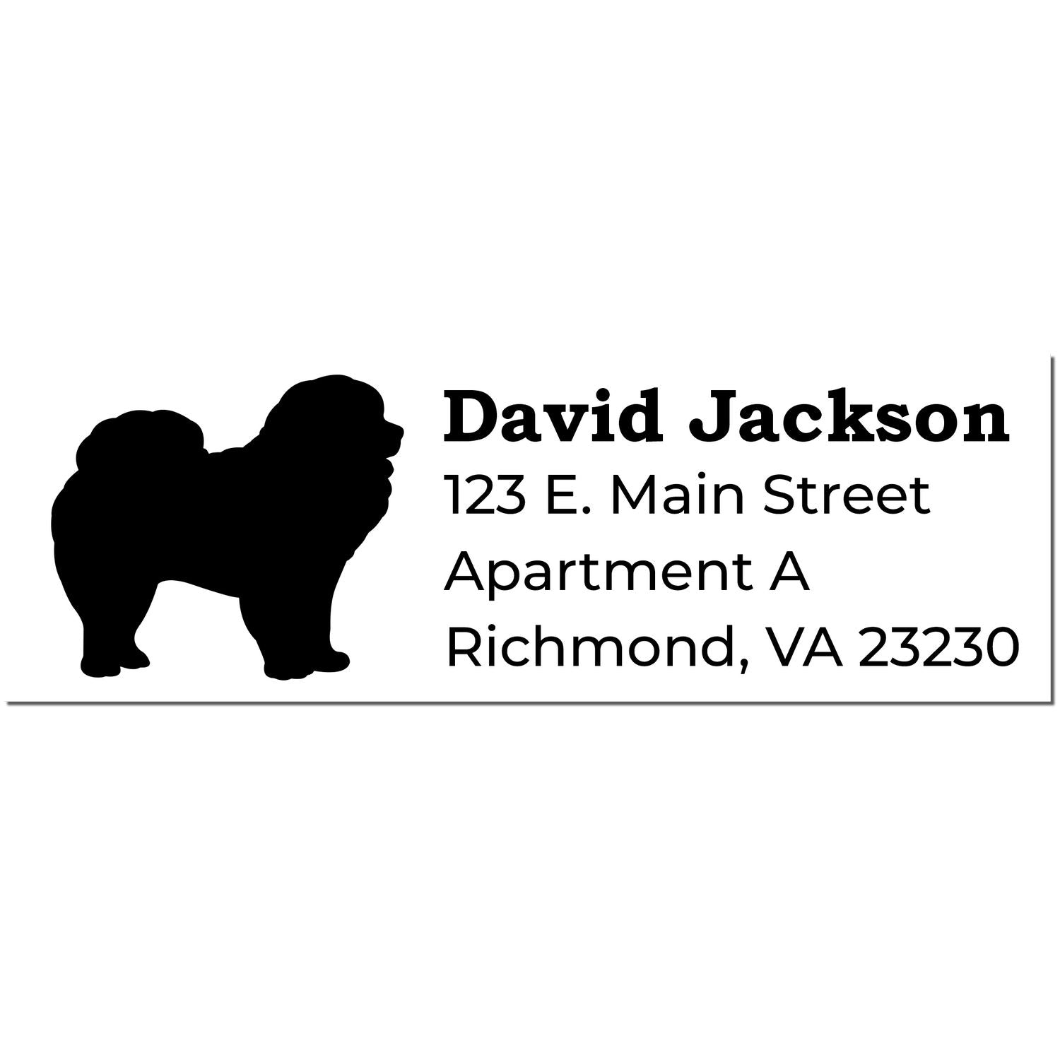 Silhouette of a Chow dog on a personalized address rubber stamp with the name David Jackson and address details. Perfect for adding a unique touch to your mail.