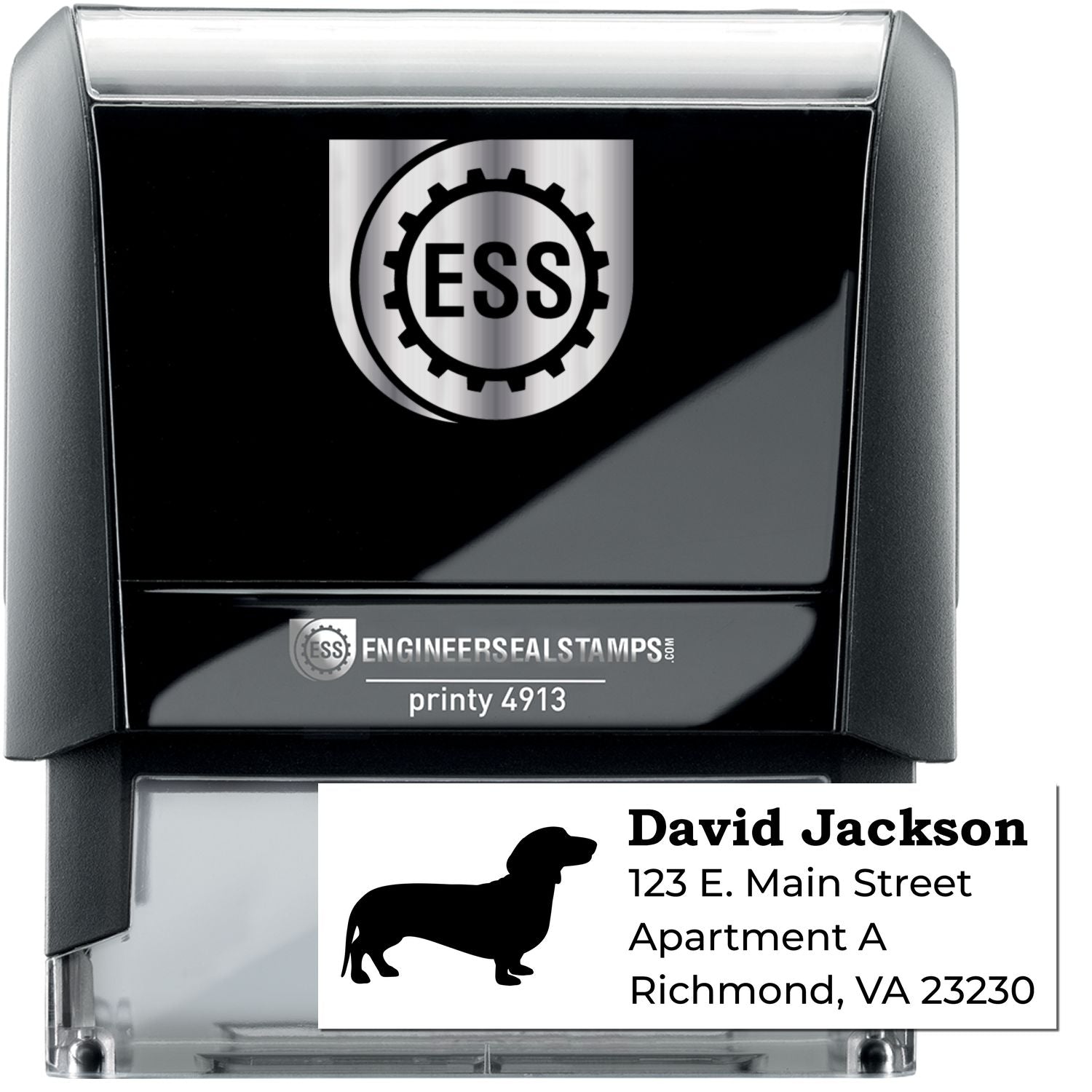 Self-Inking Dachshund Dog Address Stamp with a black casing, featuring a dachshund silhouette and sample address text. Ideal for personalized mailings and efficient stamping.