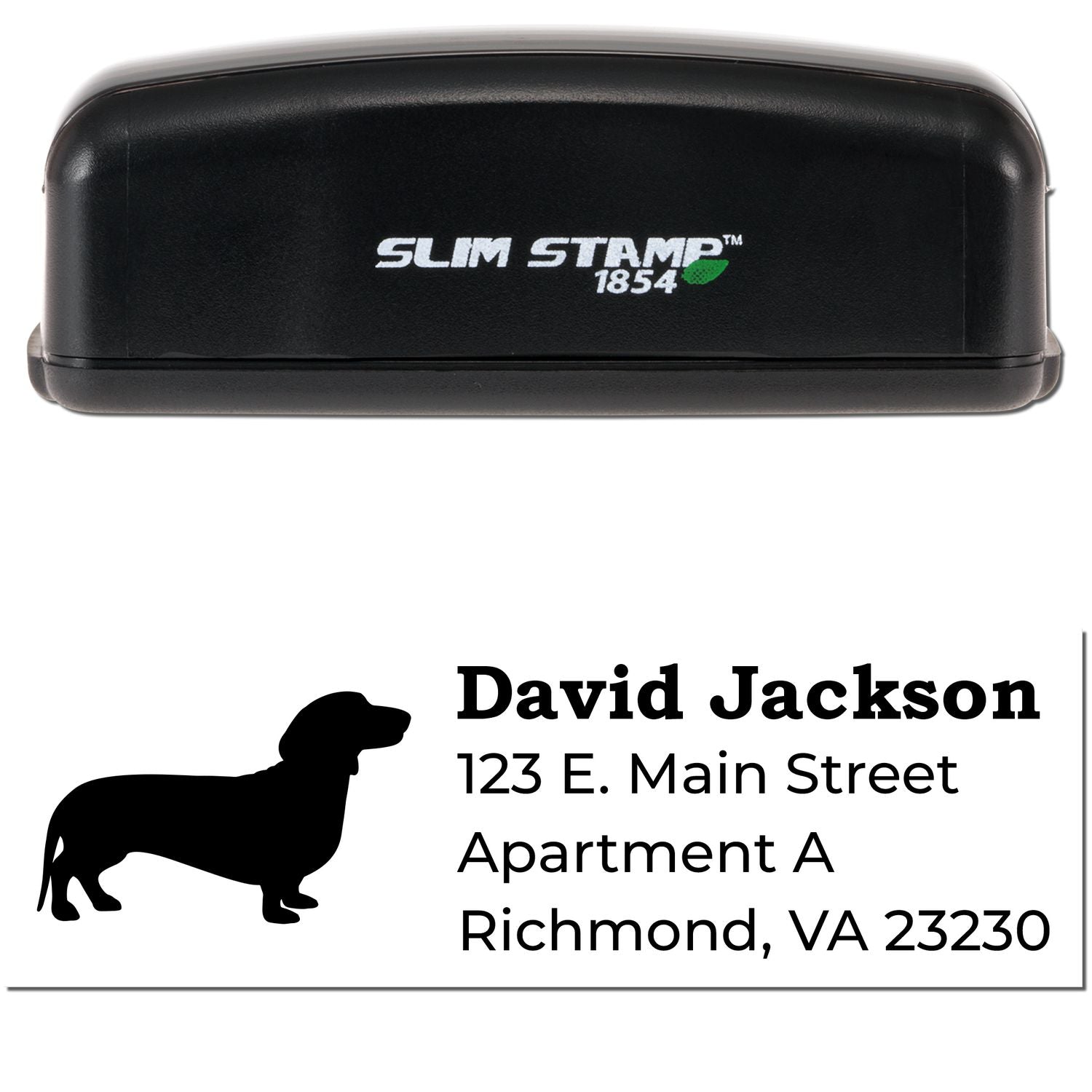 Slim Pre-Inked Dachshund Address Stamp with a black casing and a dachshund silhouette. Displays sample address: David Jackson, 123 E. Main Street, Apartment A, Richmond, VA 23230.