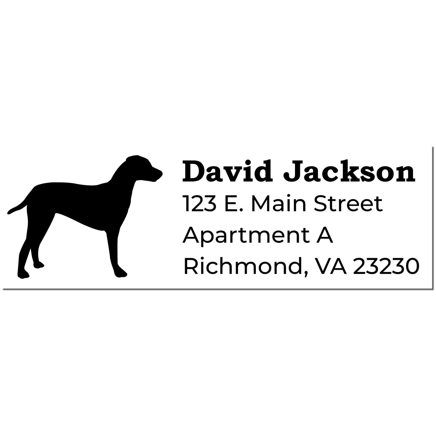 Self-Inking Dalmatian Dog Address Stamp featuring a silhouette of a Dalmatian and sample address text in bold, black font on a white background.