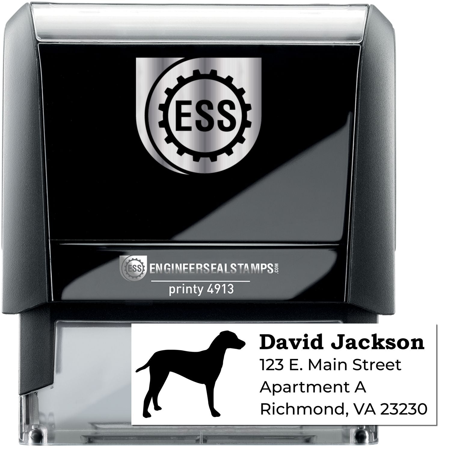 Self-Inking Dalmatian Dog Address Stamp with a black casing, featuring a Dalmatian silhouette and sample address text. Ideal for personalized mailings and efficient stamping.