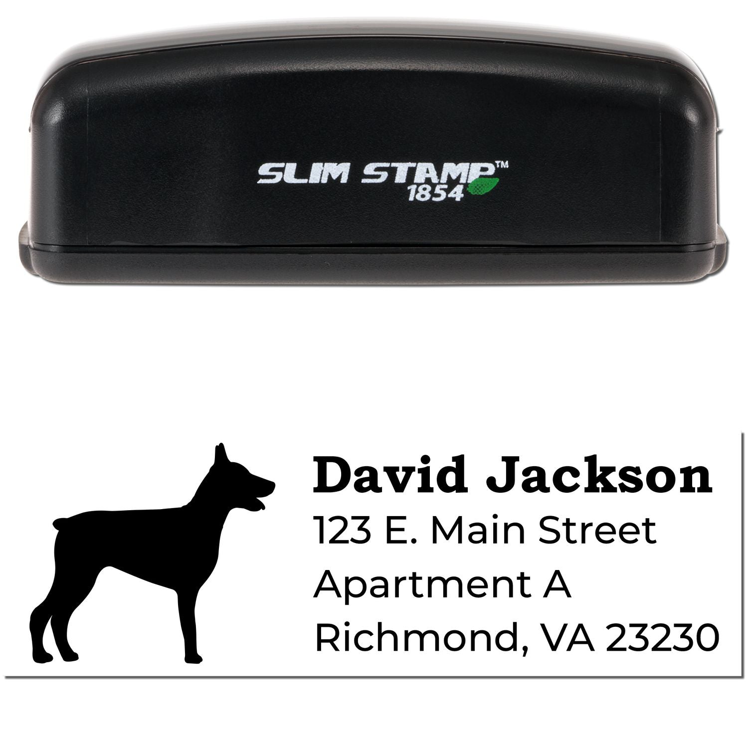 Slim Pre-Inked Doberman Address Stamp with a black casing and a sample imprint showing a Doberman silhouette and address details. Perfect for personalized mailings.