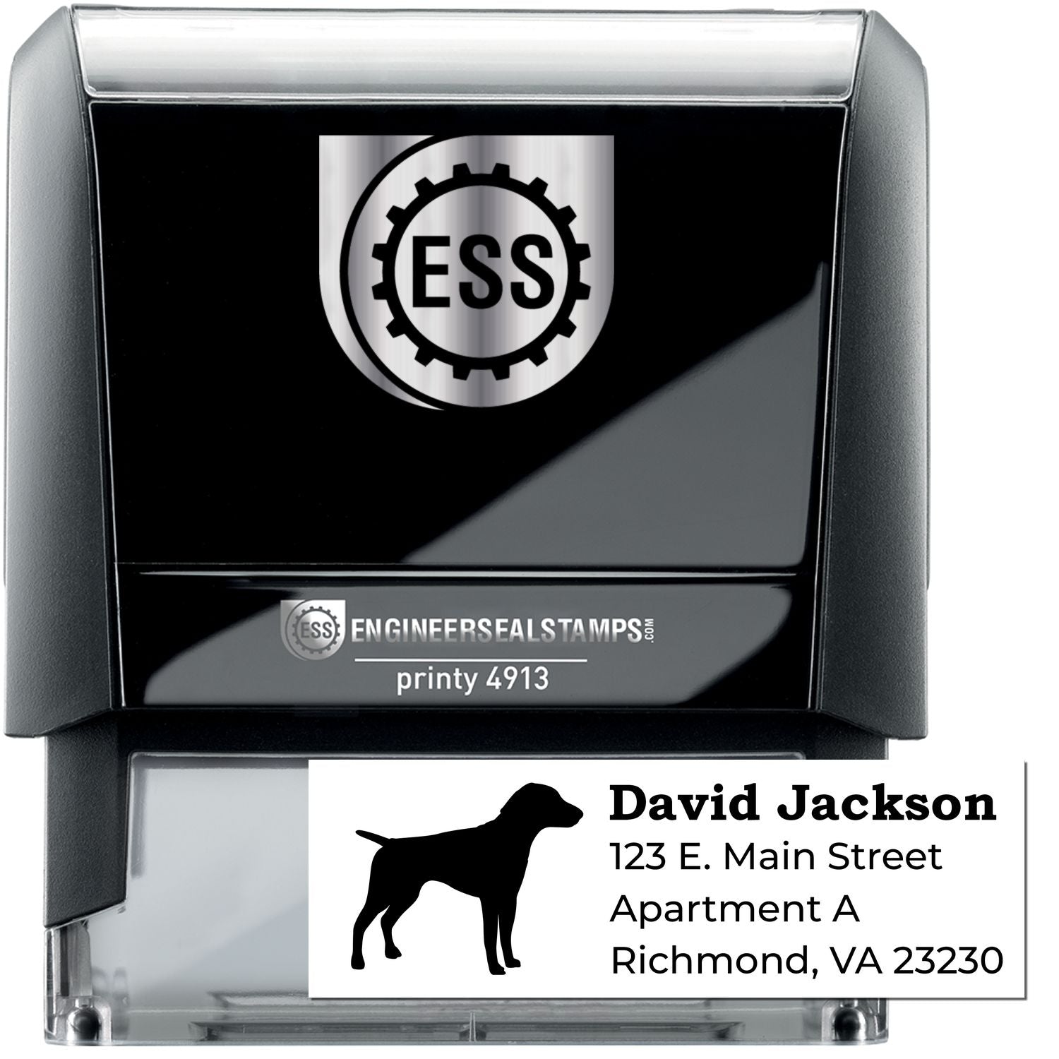 Self-Inking German Shorthaired Pointer Dog Address Stamp with a silhouette of the dog, featuring customizable address text. Ideal for personalizing mail with style and convenience.