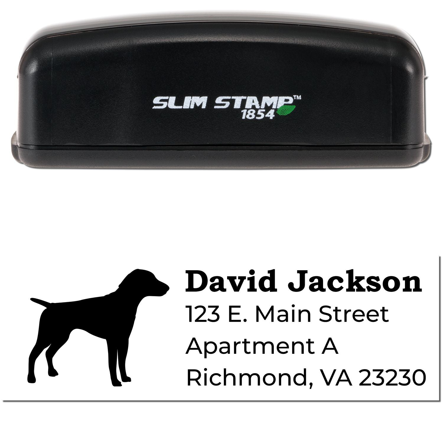 Slim Pre-Inked German Shorthaired Pointer Address Stamp with a sleek black design, featuring a dog silhouette and sample address text. Perfect for personalized mailings.